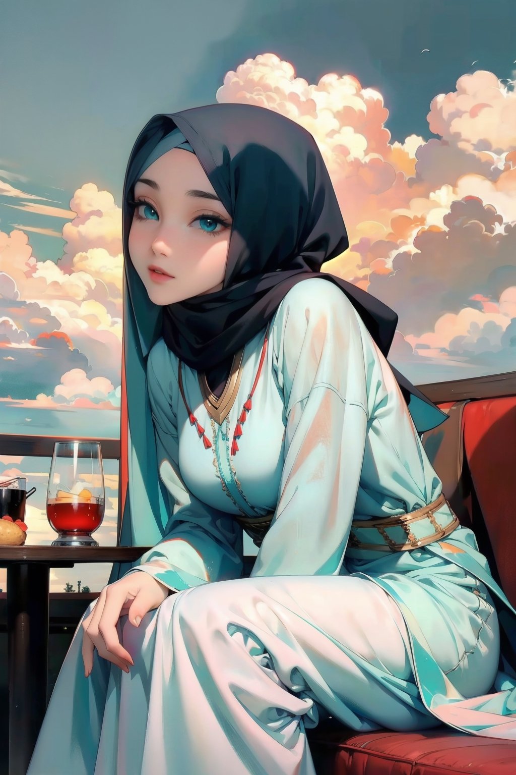 Woman(slim body, young, aqua eyes, eyelashes, hijab, Wearing a white headscarf and veill,Gorgeous abaya,arabian pants Arabian, feminine, beautiful), looking at viewer with cute expression, sitting, (shot from distance), background(outdoors, day, sky, cloud, restaurant), (masterpiece, highres, high quality:1.2), low saturation,High detailed,soft shading