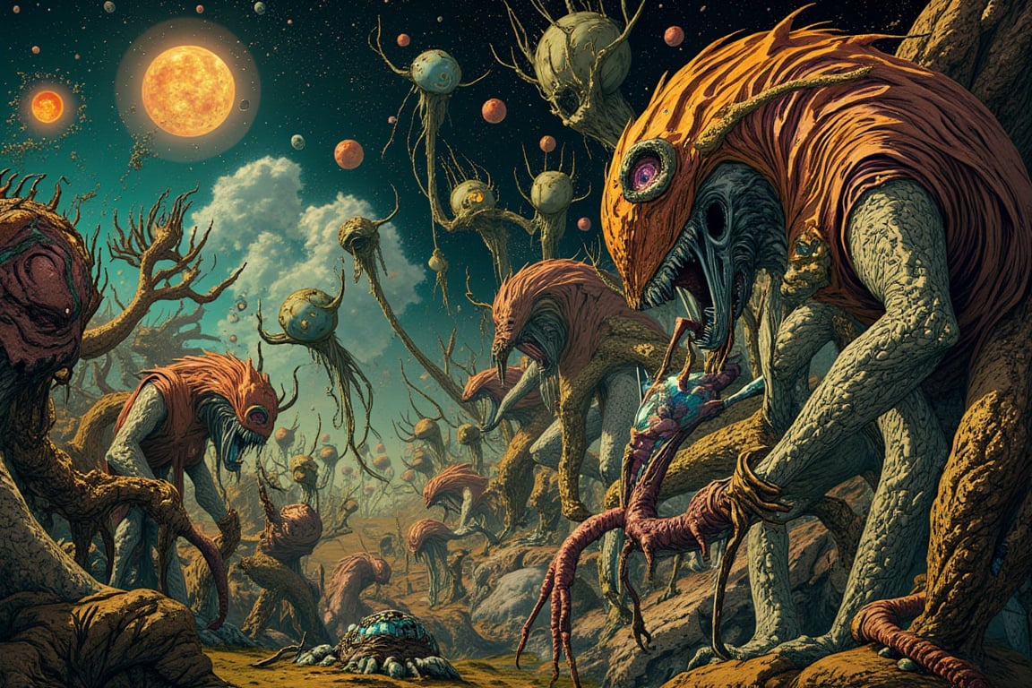 A surreal and alien landscape inspired by the chaotic and intricate style of Hieronymus Bosch, but reimagined with otherworldly, cosmic horror elements. The scene is set in an unfathomable, alien world that defies the natural laws of Earth, filled with grotesque, bizarre creatures and twisted, organic structures that seem to have emerged from the depths of the universe itself.

The foreground is dominated by strange, multi-limbed beings engaged in incomprehensible rituals, their forms both organic and mechanical, a horrifying fusion of flesh and metal. These beings interact with bizarre, floating constructs—half-living, half-machine—that pulse with an eerie, dim light. Their bodies are adorned with alien instruments, each producing sounds that are more felt than heard, resonating with the primal fear of the unknown.

In the background, towering structures reminiscent of twisted, alien spires and monoliths rise from a shifting, gelatinous landscape. These structures are adorned with countless eyes, mouths, and tendrils, all seemingly alive, writhing and pulsating with a life of their own. Some of these tendrils stretch out towards the sky, trying to grasp at floating, spectral orbs that hover above, their surfaces shimmering with incomprehensible patterns.

The sky above is a chaotic swirl of colors and lights, reminiscent of a cosmic rift, where dimensions collide and warp reality itself. Planets and moons hover unnaturally close, their surfaces scarred with the signs of ancient, long-forgotten battles. Strange, ethereal beings float through the air, their translucent forms shimmering with a faint, otherworldly glow.

The entire scene exudes an atmosphere of dread and unease, as if this world exists just beyond the veil of human understanding, a place where the boundaries of reality and madness blur. The composition is dense with detail, each element contributing to the overwhelming sense of alienness and horror, making the viewer feel as though they are peering into a realm from beyond the known universe.