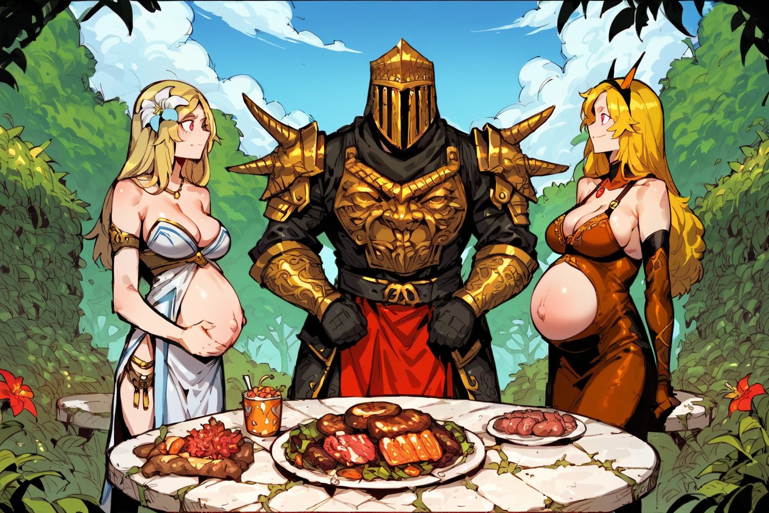 score_9, score_8, score_7, score_7_up, score_8_up, 1boy\(human, giant male, tall male, wearing full madness Armor and helmet, standing\) with 4girls\(big breasts, Yang Xiao Long, Lumine, Power(chainsaw-man) and Luxanna Crownguard, blondes, wearing colored dress, jewelry, thick body, happy expression on their face, pouty lips, seductive, pregnant, sitting\), all sitting, both staring at each other, (cooked meat and juice on the table), garden exterior, day, multiple girls, side view, harem