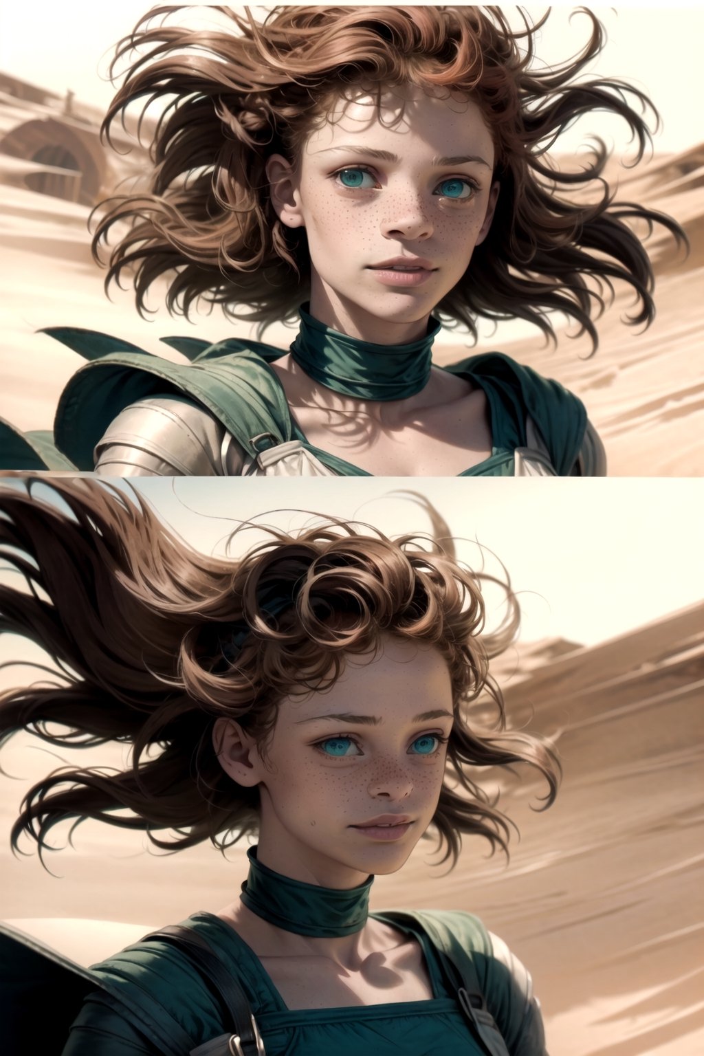 woman\(long afro red hair, green eyes, beautiful, athletic body, large cleavage, wearing white dress, freckles, smile expression\)(upper body) walking arround in dune city, background(dune style world, day),(masterpiece, highres, high quality:1.2), ambient occlusion, low saturation, High detailed, comic page different views