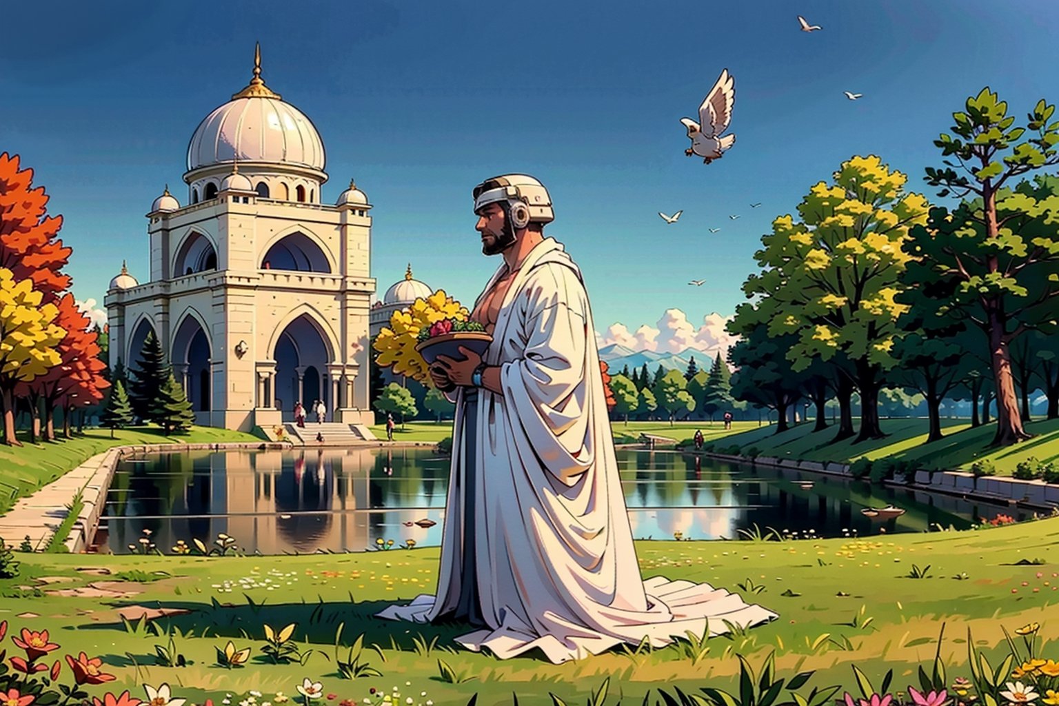 Doomguy(bodybuilder, tall, naked but wearing white robe Ihram and helmet) perform salaah in congregation on prayer mat, full body, (shot from distance), background(mosques, day, outdoor, sky, sun, tree, river, flowers, birds, bunnies, rabbits) (masterpiece, highres, high quality:1.2), ambient occlusion, outstanding colors, low saturation,High detailed, Detailedface, Dreamscape