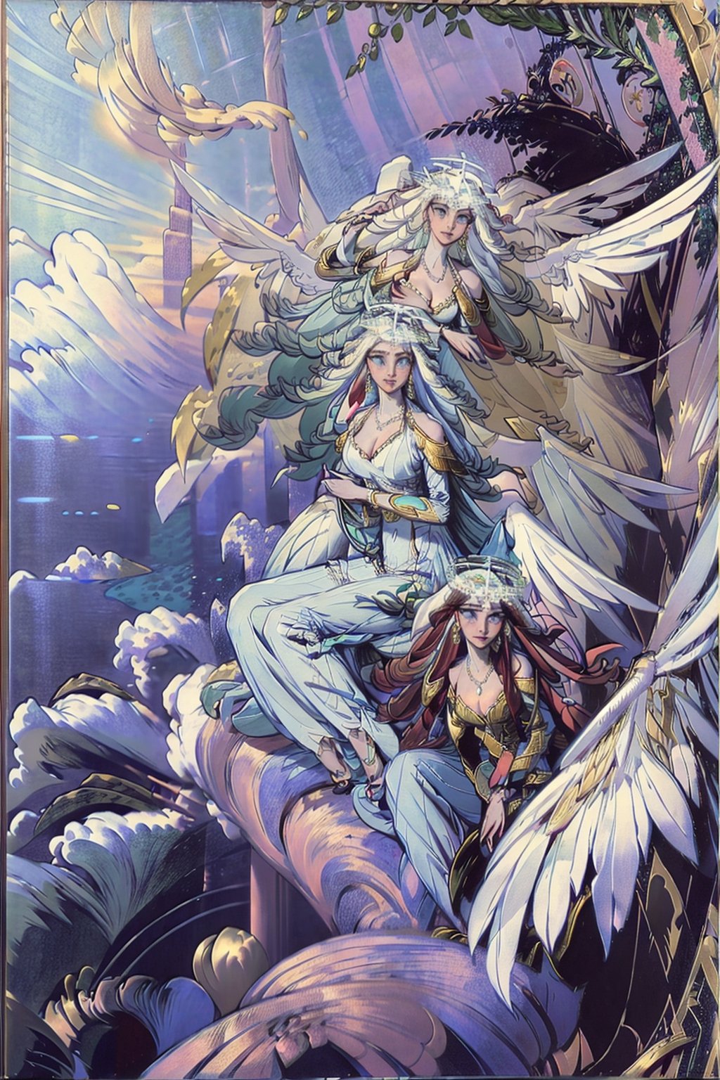 Sera(slim body, long white hair, blue eyes, eyelashes, jewelry, earrings, necklace, wings, angel, armlet, bracelet, ring, wearing dress, angel, large cleavage, big breasts, headdress, bare shoulders, hoop earrings, bridal gauntlets, feminine, beautiful, gentle smile), looking at viewer seductively, sitting on a throne, background(flower, heaven, angels, outdoors, day, sky, tree, plant, cloud, ocean, water, scenery), (masterpiece, highres, high quality:1.2), low saturation,High detailed,perfect,oil painting,classic painting