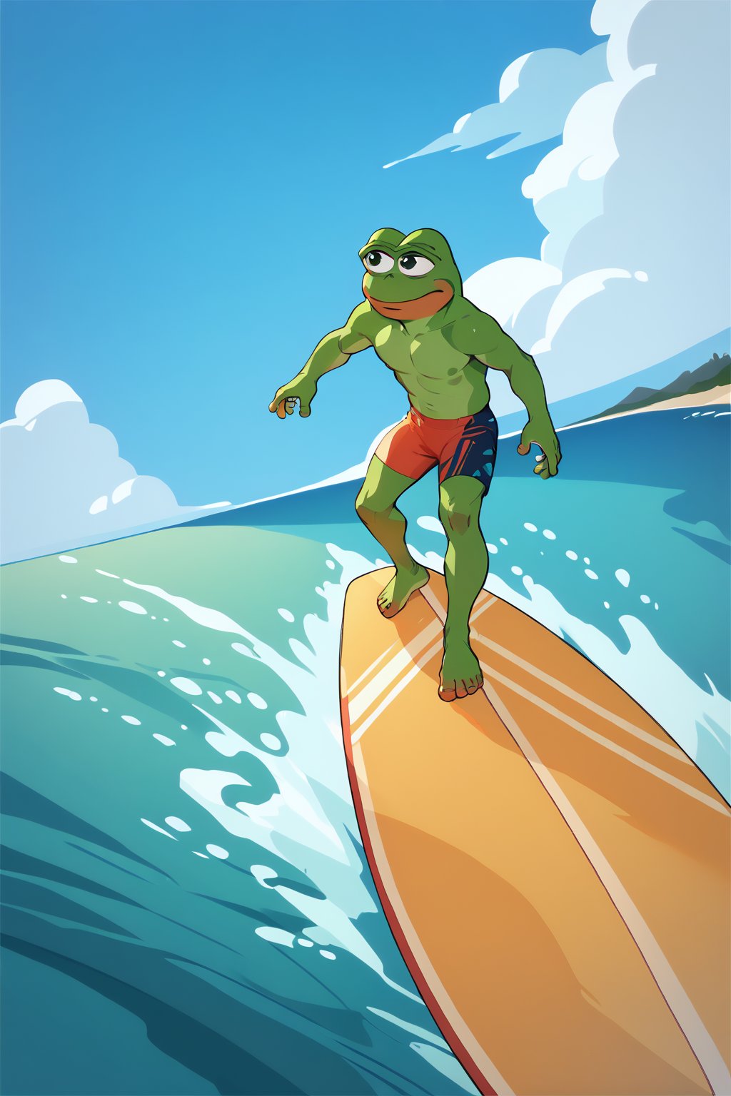 score_9, score_8, score_7, score_7_up, score_8_up, pepe the frog surfing, swimsuit, barefoot, surfboard, beach, exterior,incrssurfing