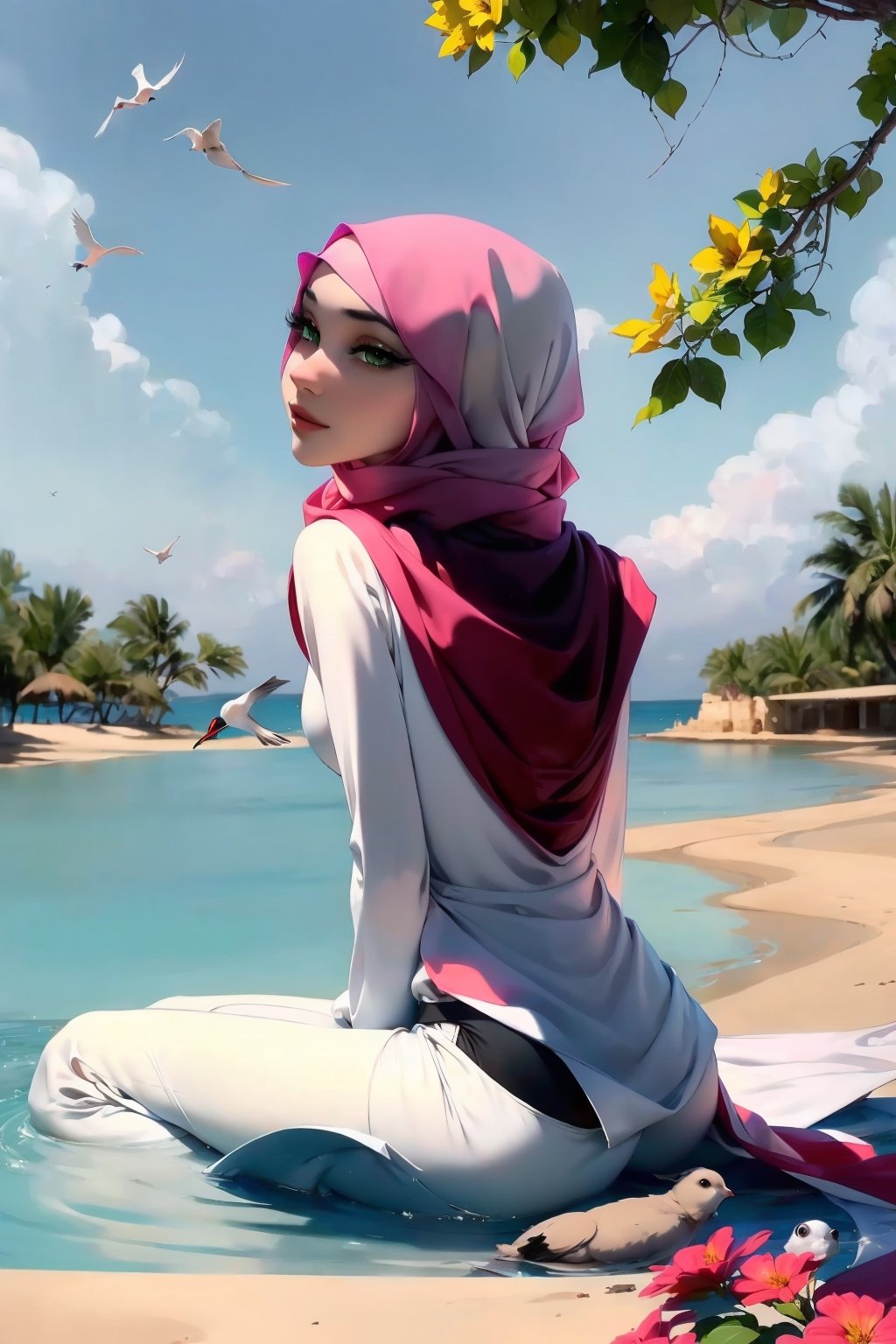 Woman(slim body, young, green eyes, arab, morrocan, eyelashes, hijab, Wearing a white headscarf and veill,Gorgeous abaya,arabian pants Arabian, feminine, beautiful), full body, looking at viewer with cute expression, sitting, (shot from distance), background(mosques, day, outdoor, sky, sun, tree, ocean, flowers, birds, bunnies, rabbits), (masterpiece, highres, high quality:1.2), low saturation,High detailed,soft shading