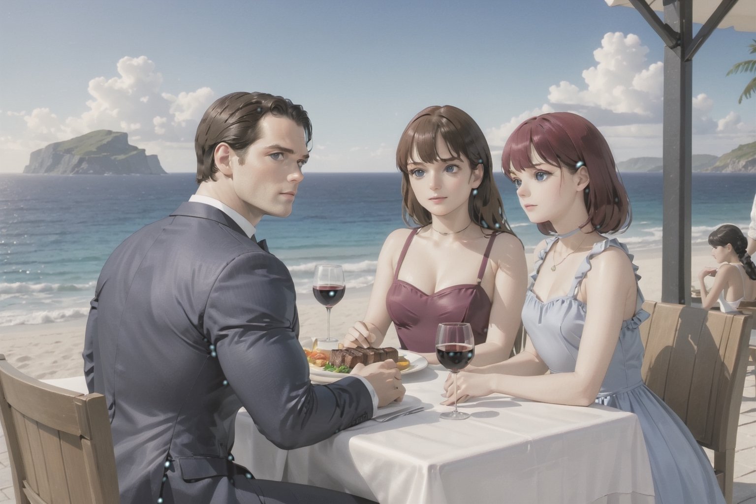 Henry Cavill wearing business suit with 2girls(Frieren and aura) both wearing nice dress, sitting, steak and wine on the table, fantasy, (Shot from distance),background(ocean, outdoor restaurant)(masterpiece, highres, high quality:1.2), ambient occlusion, low saturation, High detailed, Detailedface, Dreamscape,Extremely Realistic