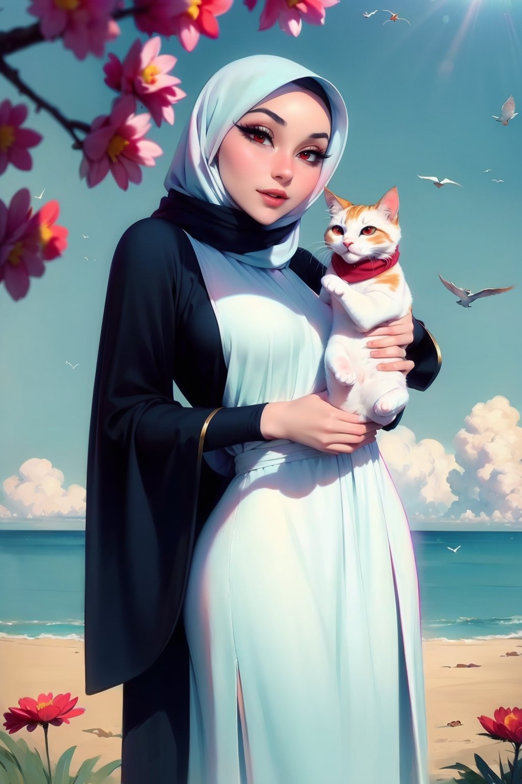 Woman(slim body, young, red eyes, arab, morrocan, eyelashes, hijab, Wearing a white headscarf and veill,Gorgeous abaya,arabian pants Arabian, sandal, feminine, beautiful, holding a white cat), full body, looking at viewer with cute expression, standing, (shot from distance), background(mosques, day, outdoor, sky, sun, tree, ocean, flowers, birds, cats), (masterpiece, highres, high quality:1.2), low saturation,High detailed,soft shading