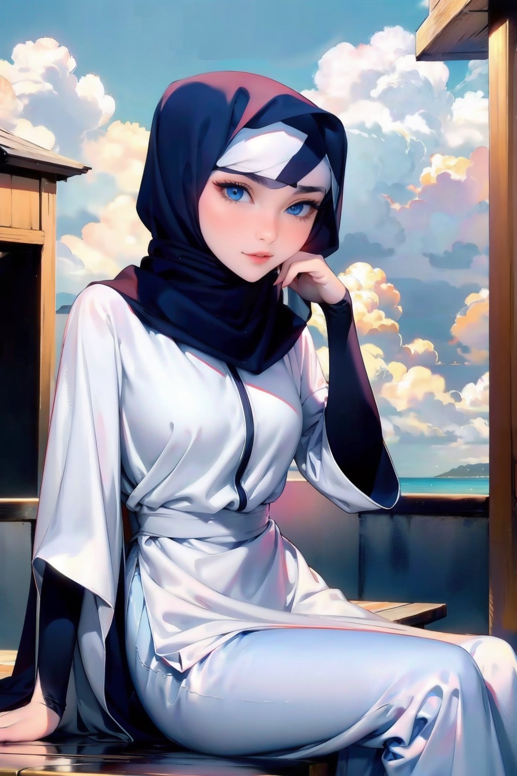 Woman(slim body, young, blue eyes, eyelashes, hijab, Wearing a white headscarf and veill,Gorgeous abaya,arabian pants Arabian, feminine, beautiful), looking at viewer with cute expression, sitting, (shot from distance), background(outdoors, day, sky, cloud, restaurant), (masterpiece, highres, high quality:1.2), low saturation,High detailed,soft shading