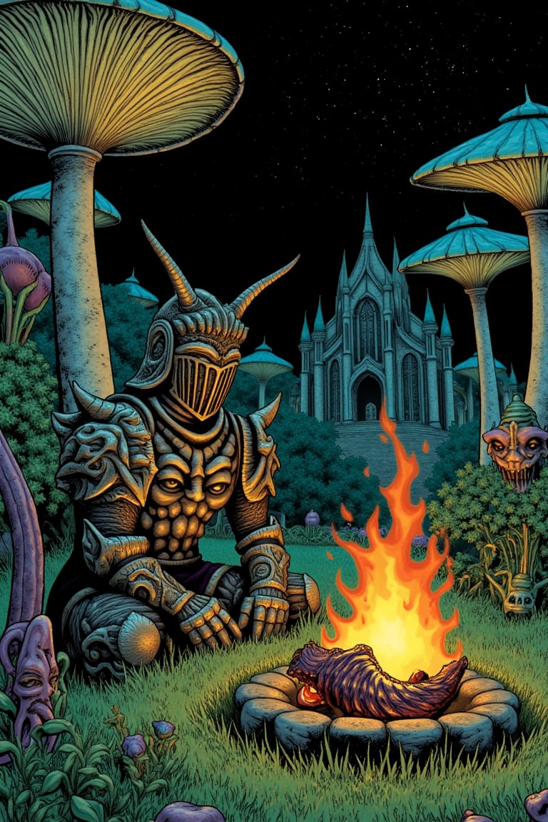 In an 80s comic style, the scene is set in a fantastical, vibrant world reminiscent of both a Dungeon and Dragons universe and the surreal, whimsical elements of Alice in Wonderland. The man wearing Madness Armor, his face obscured by the intricate, twisted design of his Madness Helmet, green grass. He rests, enjoying the surreal beauty of the night.

Around him, the landscape of Mania comes to life in the soft glow of the moonlight. Tall mushroom trees, their caps glowing faintly with an ethereal light, tower over the campsite. Strange, otherworldly plants, with colors that shift and shimmer in the darkness, surround the clearing, adding to the surreal atmosphere.

At the center of the scene, a small campfire crackles and pops, casting a warm, flickering light across the campsite. Over the fire, a large piece of sea creature meat, grotesque yet somehow enticing, slowly roasts, filling the air with a rich, savory aroma. The firelight dances on the man's armor, creating dynamic contrasts and highlights that add depth to the scene.The background features the looming silhouette of distant, twisted castles, their spires reaching out like claws towards the starry sky. The night is alive with the sounds of nocturnal creatures, their calls echoing through the surreal landscape. The scene is one of calm amidst the madness, where the man finds a moment of peace in a world that is as bizarre as it is beautiful.