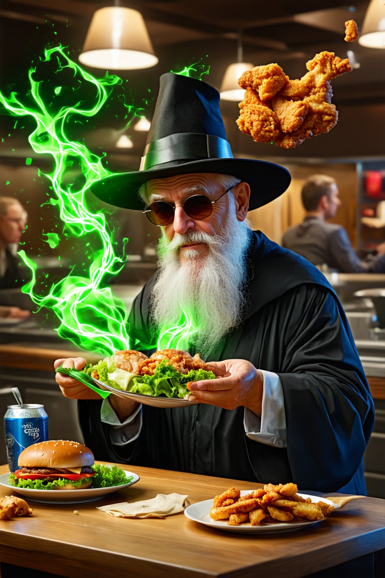 old man\(wearing wizard robe, long white beard, wizard hat, wearing sun glasses, side view), releasing magical green energy, (salad, fried chicken, burger meat and soda with ice are flying in the air), background(fast food restaurant kitchen indoor, fast food employees shoked), (masterpiece, highres, high quality:1.2), ambient occlusion, low saturation, High detailed, Detailedface, (shot from distance), intricate details, dreamlike, concept art, illustration, highly detailed, splash art, artbook, beautiful image, fantasy, realistic