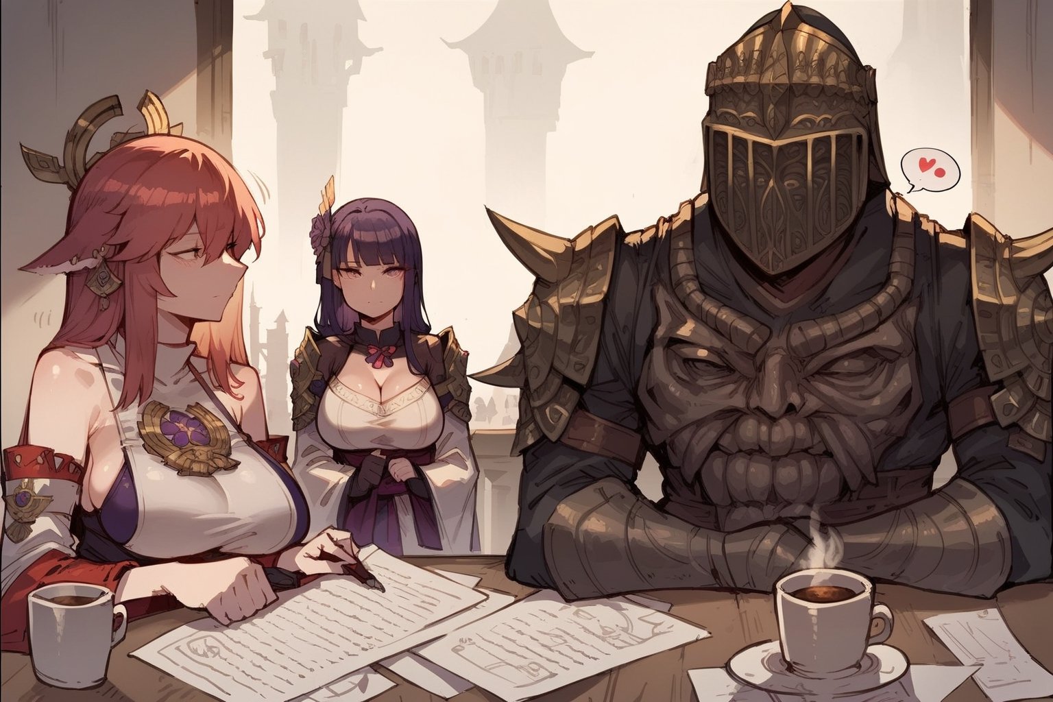 score_9, score_8, score_7, score_8_up, 1boy\(human, dark skin, giant, tall, wearing full madness armor and helmet, sitting on his chair, working\) hugged by 2girls\(big breasts, Raiden Shogun and Yae MIko, cute look on their face, pouty lips, seductive\), both staring at each other, (paper, scrolls, coffee on the table), indoor castle livingroom, score_7_up, side view