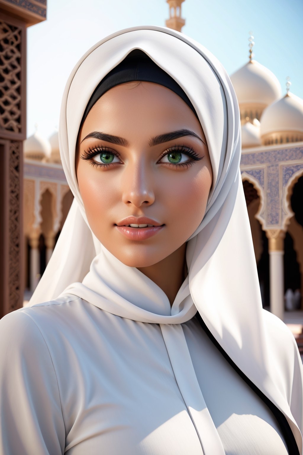 Woman(slim body, young, green eyes, arab, morrocan, eyelashes, hijab, Wearing a white headscarf and veill,Gorgeous abaya,arabian pants Arabian, feminine, beautiful), (full body), Staring at you while reporting news at news stage, background(outdoor, day, sun, ocean, mosques, birds), (Shot from distance),(masterpiece, highres, high quality:1.2), ambient occlusion, low saturation, High detailed, Detailedface, Dreamscape,perfect