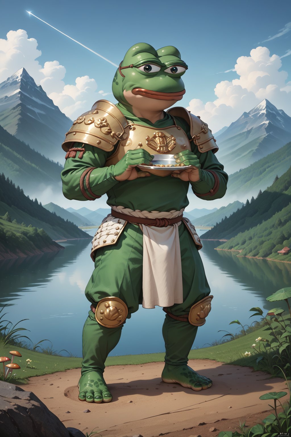 score_9, score_8, score_7, score_7_up, score_8_up, pepe the frog(wise, green skin, frog feet, frog hands, quiet, wearing mongolian armor with helmet and cuirass, ornate, light steel plate design which is worn over cloth padding, umbra sword, on his belt), (full body) standing, background(mountain, volcano, giant mushrooms, lake, night), (solo), (masterpiece, highres, high quality:1.2), ambient occlusion, low saturation, High detailed