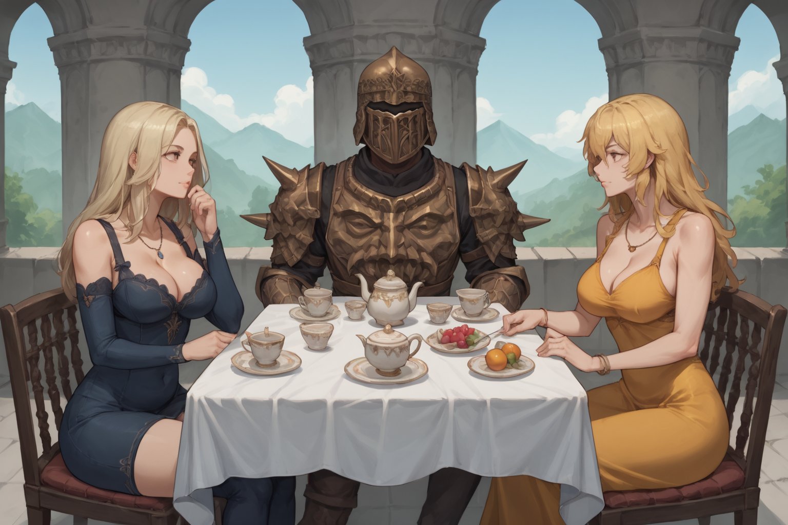 score_9, score_8, score_7, score_7_up, score_8_up, 1boy\(human, giant male, tall male, wearing full madness Armor and helmet, standing\) with 4girls\(big breasts, Yang Xiao Long, Lumine, Power(chainsaw-man) and Luxanna Crownguard, blondes, wearing colored dress, jewelry, thick body, happy expression on their face, pouty lips, seductive, pregnant, sitting\), all sitting, both staring at each other, (tea and fruits on the table), garden exterior, day, multiple girls, side view, harem,csr style,score_6_up