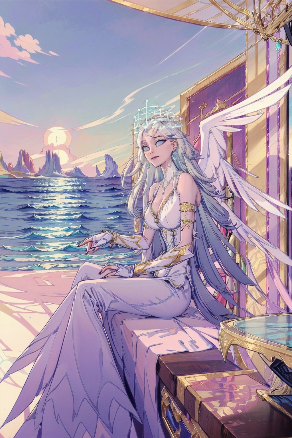 Sera(slim body, long white hair, blue eyes, eyelashes, jewelry, earrings, necklace, wings, angel, armlet, bracelet, ring, wearing dress, angel, large cleavage, big breasts, headdress, bare shoulders, hoop earrings, bridal gauntlets, feminine, beautiful, gentle smile), looking at viewer seductively, sitting on a throne, background(flower, outdoors, day, sky, tree, plant, cloud, ocean, water, scenery), (masterpiece, highres, high quality:1.2), low saturation,High detailed,perfect,oil painting,classic painting