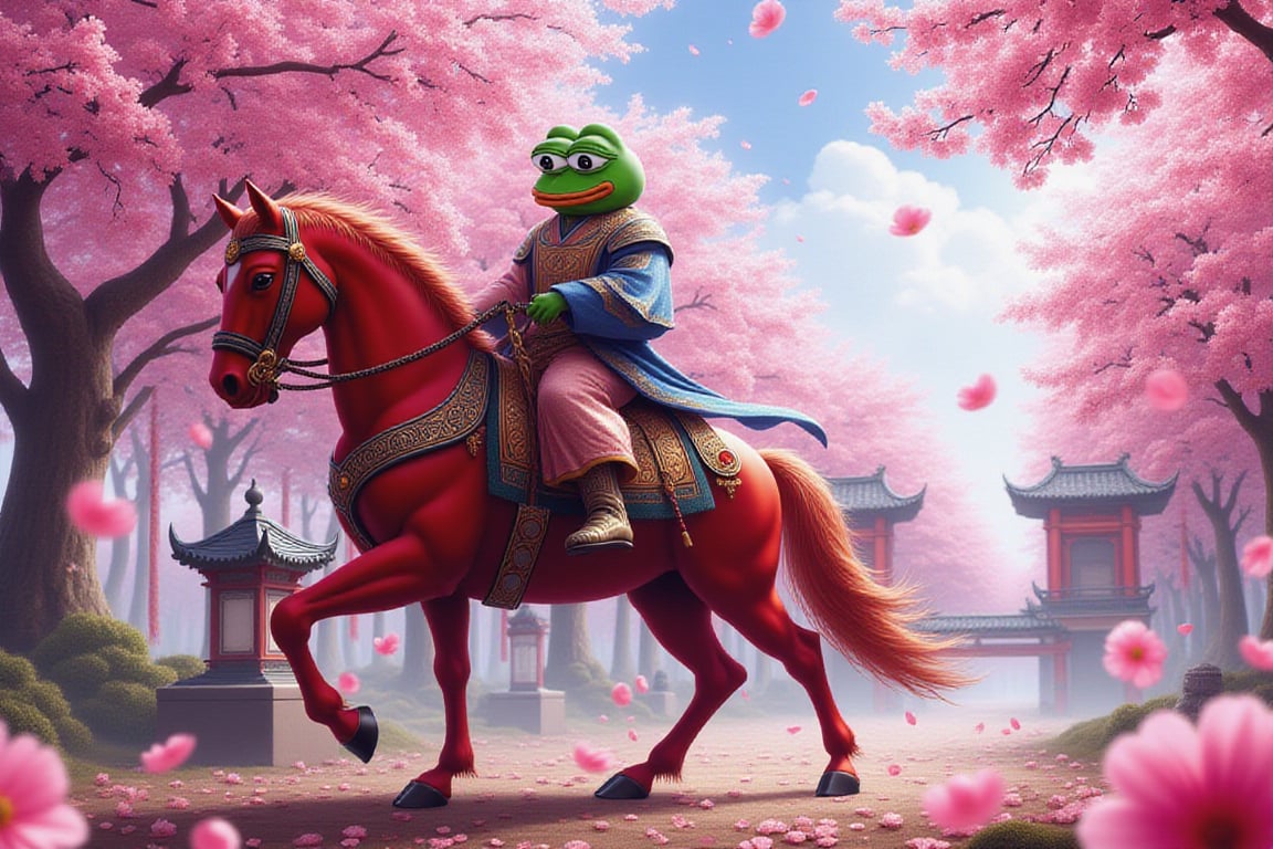 A highly detailed and elegant scene featuring Pepe the Frog, dressed in ornate Xianxia-style robes, seated atop a majestic red horse. Pepe's robes are richly adorned with intricate embroidery, golden accents, and flowing silks, showcasing the grandeur of his warrior status. His red horse is beautifully decorated with an elaborate saddle and harness, detailed with traditional Chinese designs. The background is a serene, picturesque setting filled with vibrant pink cherry blossom trees in full bloom, their petals gently falling around the scene. Traditional Chinese pagodas and elegant wooden structures stand amidst the blossoms, enhancing the peaceful and mystical atmosphere. The sunlight filters softly through the trees, casting a warm glow on the surroundings, creating a tranquil, dreamlike mood. The overall scene captures the timeless beauty of ancient Chinese culture, with Pepe the Frog as a central, stoic figure riding through this magical landscape.