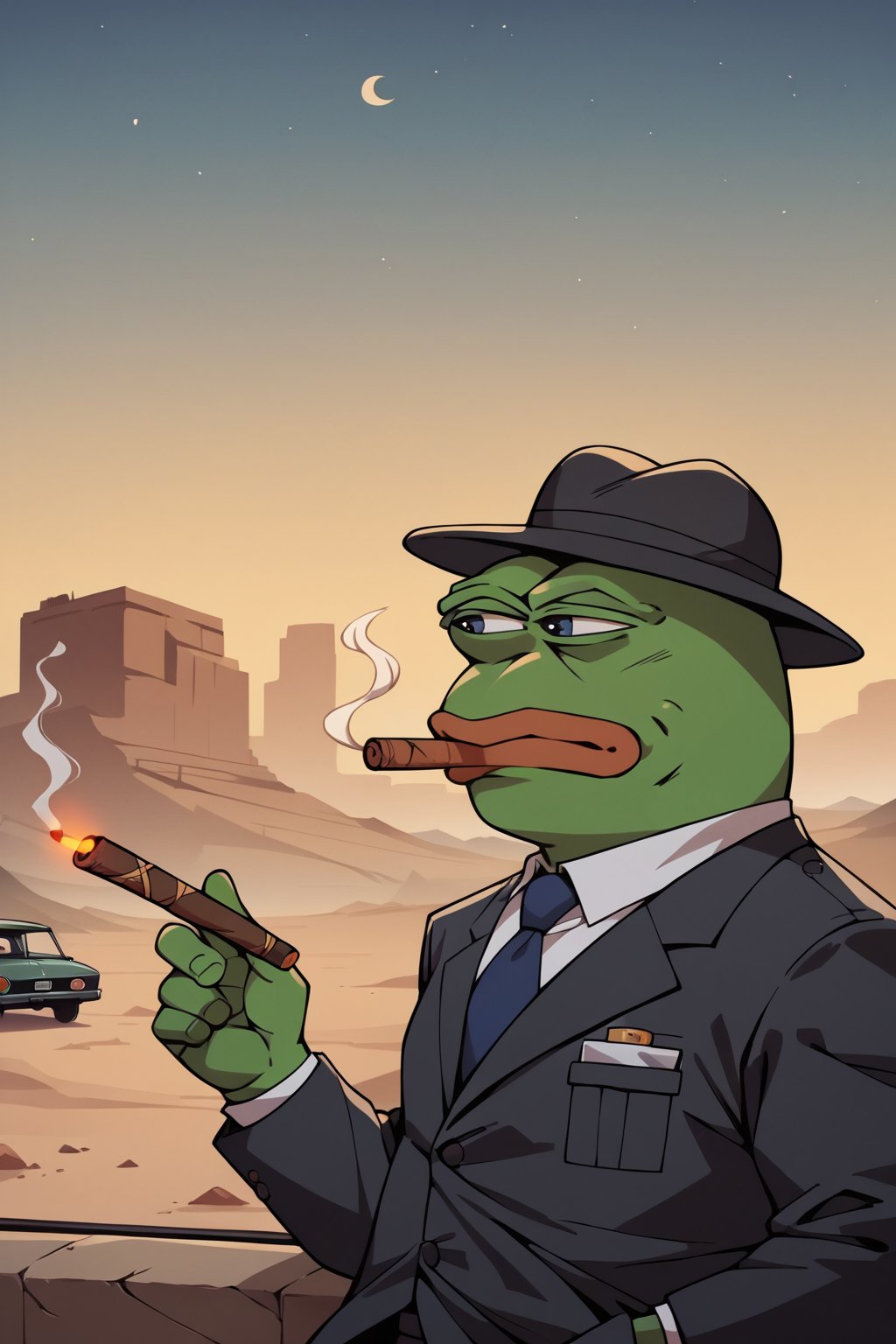 score_9, score_8, score_7, score_7_up, score_8_up, pepe the frog wearing black business suit, cowbot hat, smoking a cigar, upper body, mojave desert, classic car in background, apocalyptic, exterior, night,0ut3rsp4c3