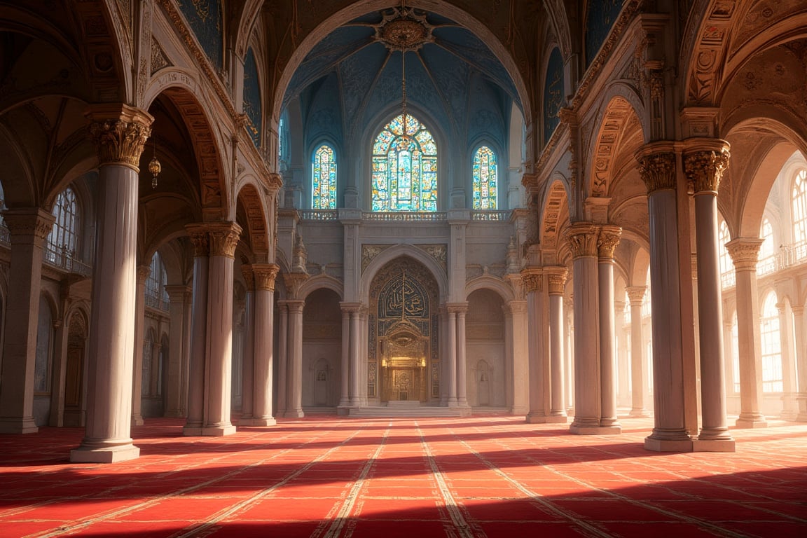 **Prompt:**

A highly detailed, realistic photograph of the interior of a grand mosque, capturing the serene and spiritual ambiance of a liminal space. The expansive prayer hall is bathed in soft, natural light streaming through intricately designed stained glass windows, casting vibrant hues of blue, green, and gold across the vast expanse of plush, red carpets. The high, vaulted ceiling is adorned with delicate geometric patterns and Arabic calligraphy, reflecting centuries of craftsmanship and devotion.

Massive, ornate chandeliers hang gracefully from the ceiling, their intricate metalwork and glass prisms catching the light, adding a gentle glow to the room. Tall, slender columns line the sides of the prayer hall, each one intricately carved with floral motifs and symmetrical designs, guiding the eye towards the stunning mihrab at the front. The mihrab, framed by intricate tilework in shimmering blues and golds, is a focal point of the space, symbolizing the direction of prayer.

The atmosphere is one of deep reverence and tranquility, where time seems to stand still in the quiet, sacred embrace of the mosque’s beauty.