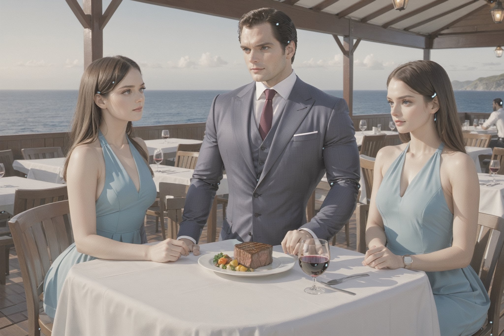 Henry Cavill wearing business suit with 2girls(Frieren and aura) both wearing nice dress, steak and wine on the table, fantasy, (Shot from distance),background(ocean, outdoor restaurant)(masterpiece, highres, high quality:1.2), ambient occlusion, low saturation, High detailed, Detailedface, Dreamscape,Extremely Realistic