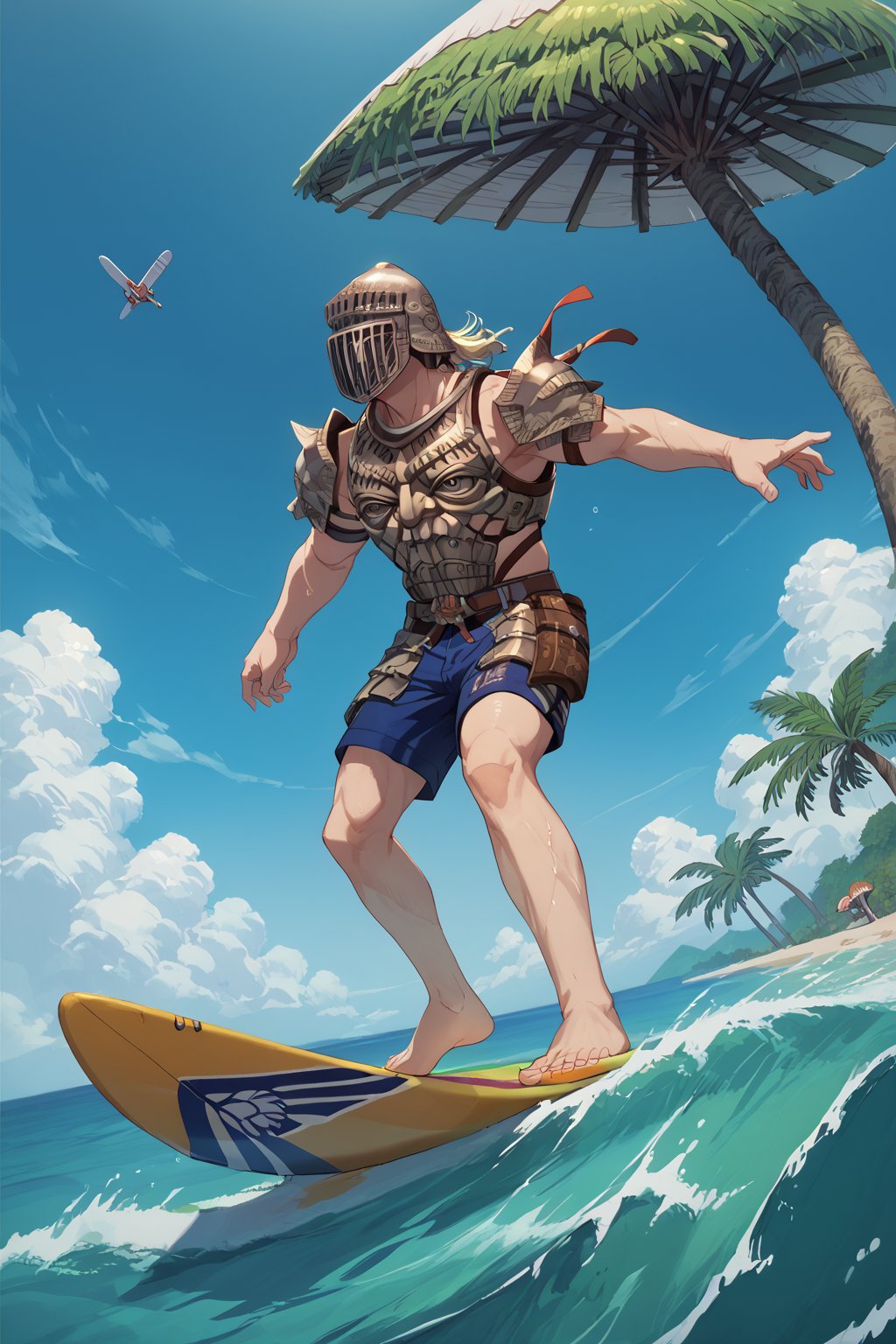 score_9, score_8, score_7, score_7_up, score_8_up, 1boy\(human, giant, tall, wearing madness Armor and helmet\), surfing, swimsuit, barefoot, surfboard, beach, mushroom tree, outdoor, night, romance, fantasy, 2d, anime, hetero