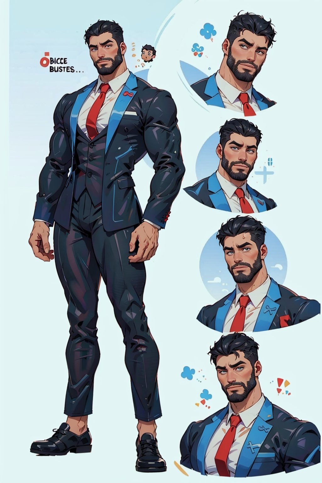 gigachad(tall, young, bodybuilder, muscular, handsome, blue eyes, short black hair, black business suit with red tie, nice shoes), multiple boys,character sheet, character design, reference sheet, multiple views, turnaround, full body, from front, from side, from behind, (masterpiece, highres, high quality:1.2), low saturation, High detailed, Detailedface
