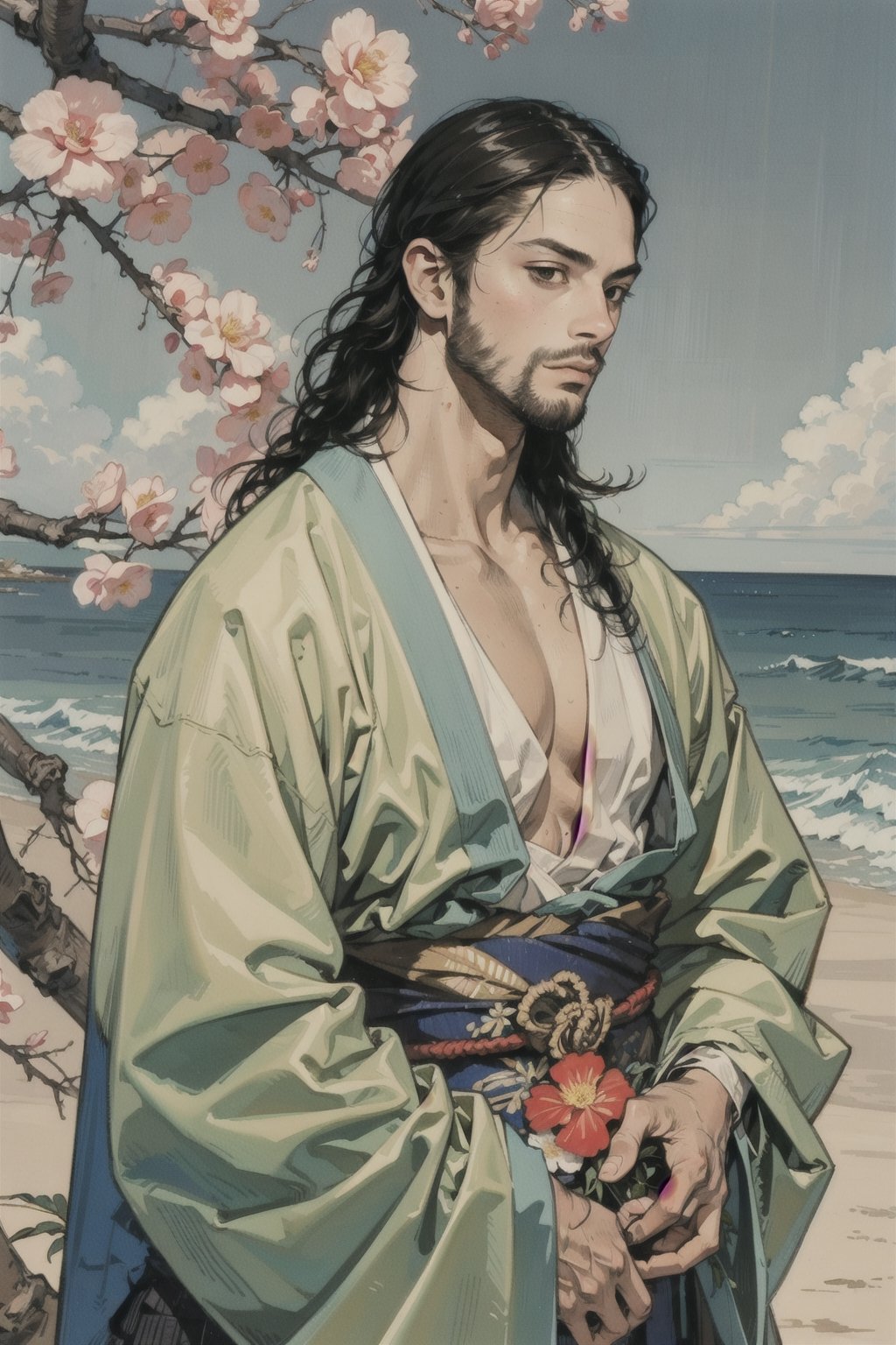 1boy\(male, handsome, young 15 year old, no_hair, long black hair, beard, tall, muscles, strong jaw, sharp cheekbones, thin lips, kimono\) upper body, background(day, outdoor, sky, sun, ocean, flowers, trees) (masterpiece, highres, high quality:1.2), ambient occlusion, outstanding colors, low saturation,High detailed, Detailedface, Dreamscape,Musashi