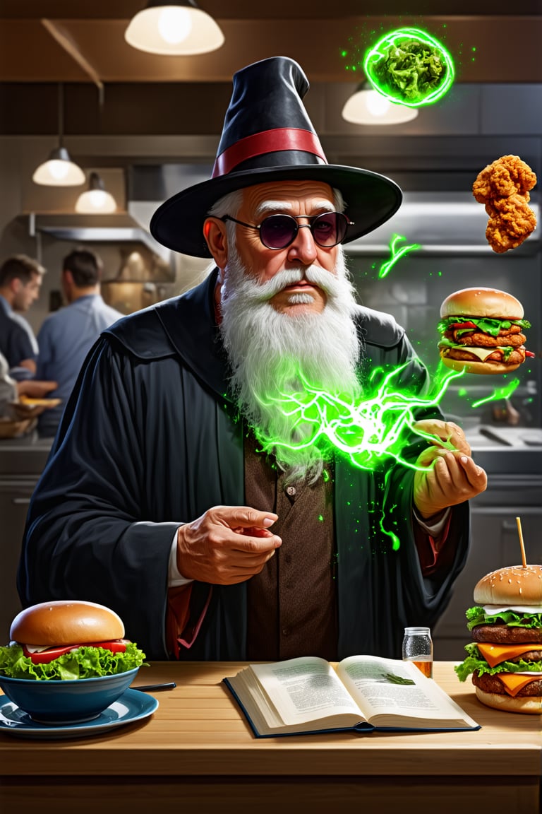 old man\(wearing wizard robe, long white beard, wizard hat, wearing sun glasses, side view), releasing magical green energy, (salad, fried chicken, burger meat and soda with ice are flying in the air), background(fast food restaurant kitchen indoor, fast food employees shoked), (masterpiece, highres, high quality:1.2), ambient occlusion, low saturation, High detailed, Detailedface, (shot from distance), intricate details, dreamlike, concept art, illustration, highly detailed, splash art, artbook, beautiful image, fantasy, realistic