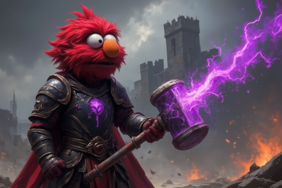 A close-up, cinematic shot of Elmo, the fierce red warrior, gripping a massive, enchanted war hammer with full might. His expression, though comically neutral with his wide, unblinking eyes, exudes a surprising intensity in the heat of battle. Elmo's small, fuzzy body is clad in intricately designed armor, glowing faintly with enchantments and adorned with celestial stars and ancient runes. The contrast between his childlike form and the immense power he wields is both absurd and impressive.

The war hammer in his hands crackles with electric energy, the head of the hammer glowing a radiant, purple light that casts eerie shadows across his fuzzy face. The air around the hammer buzzes with untamed magical energy, creating an aura of raw, unyielding power. Elmo’s unwavering grip on the hammer seems almost too natural, as if he’s mastered it effortlessly.

In the foreground, a stupid woman—a fierce warrior who was clearly meant to wield the weapon herself—stands just out of reach, glaring at Elmo with a mix of anger, embarrassment, and annoyance. Her amber eyes, previously filled with determination, now narrow in irritation as she watches the little red puppet easily handle the weapon meant for her. Her silver hair whips wildly in the wind, matching the stormy skies above, as dirt and sweat streak her face from the recent battle. Her hands are clenched at her sides, arms trembling in frustration, as she struggles to maintain her composure.

The background is a scene of destruction and chaos—a crumbling fortress looms in the distance, with scattered burning debris from the recent battle adding an intense atmosphere to the moment. Despite the seriousness of the setting, the absurdity of Elmo triumphantly wielding the enchanted war hammer while the seasoned warrior stands fuming in the background adds a layer of humor to the scene, making it a perfect blend of fantasy and comedy. Fantasy drawing.