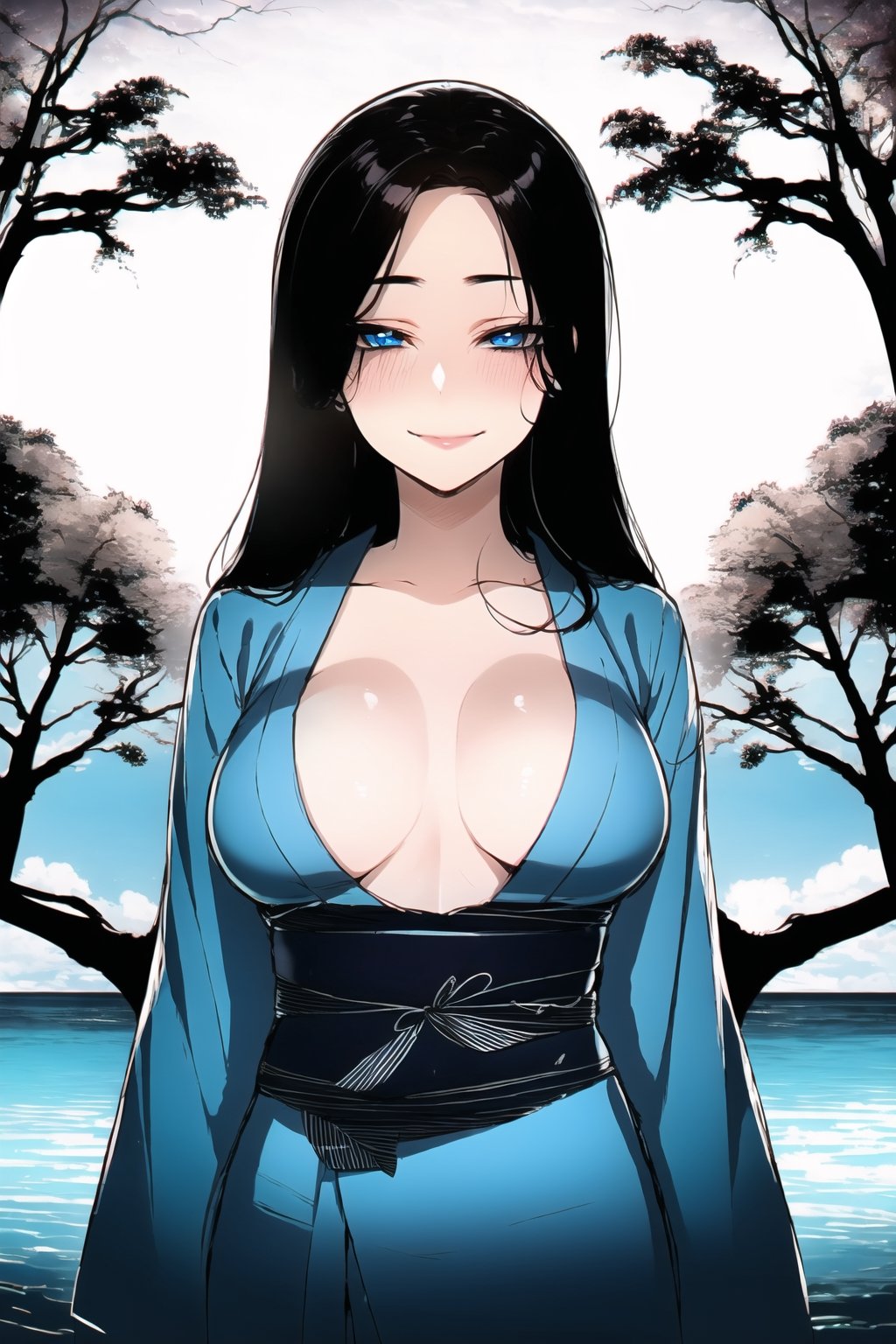 1girl(skinny body, young, 20 years old, long black hair, blue eyes, wearing yukata, small breasts), staring at you seductively with a smile on her face, upper body, background(day, outdoor, sky, sun, ocean, flowers, trees) (masterpiece, highres, high quality:1.2), ambient occlusion, outstanding colors, low saturation,High detailed, Detailedface, Dreamscape,ratatatat74 style