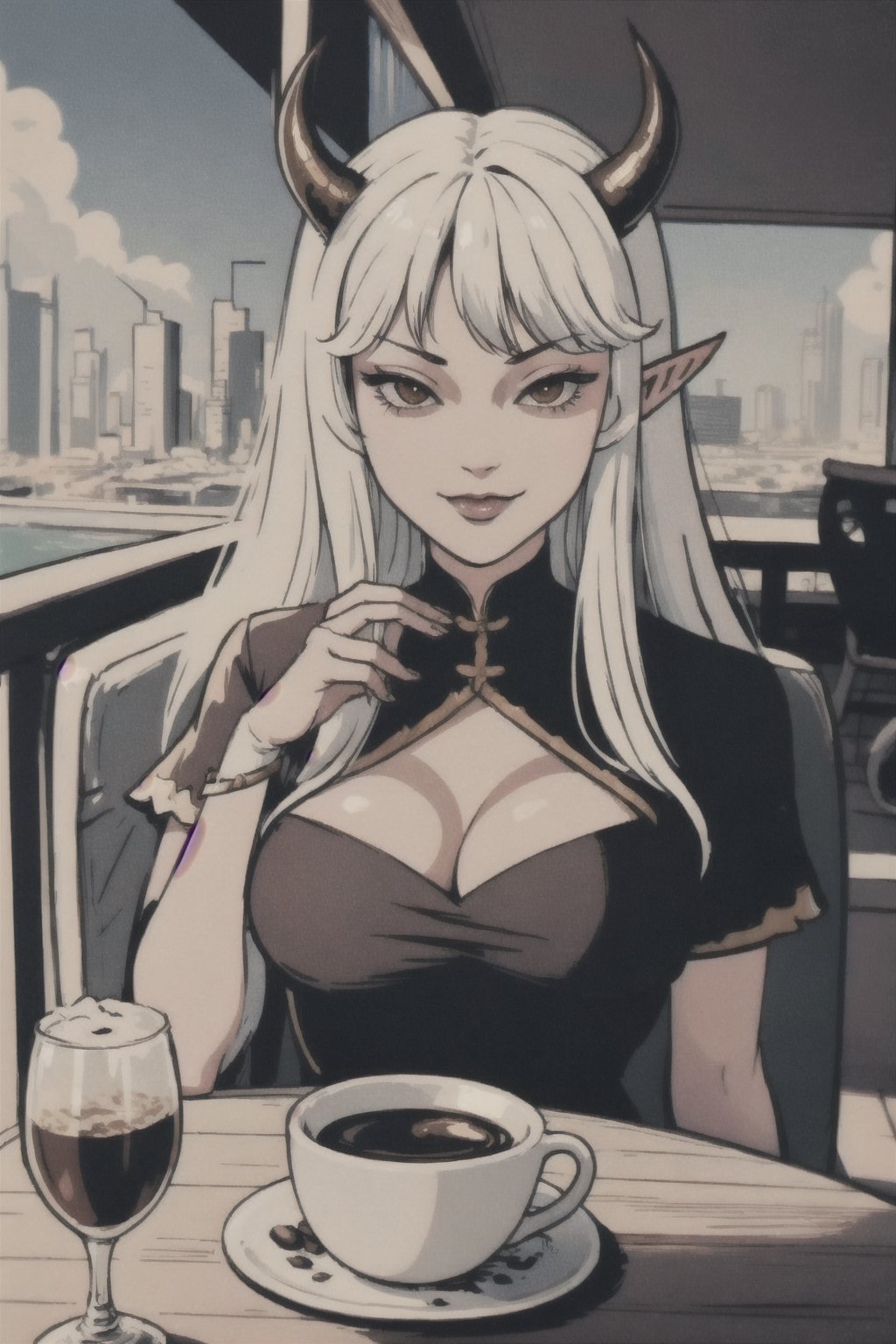 pov across table, looking at viewer, sitting, solo, cup of coffee, table, plate, drinking glass, fork, depth of field, holding, food, spoon, glass, ice cube, head rest, woman\(slim body, young, Oni horns, demon elf ears, long white hair, red eyes, jewelery, bridal gauntlets, rings, amulets, eyelashes, large cleavage, wearing full harem dress, sandal, feminine, beautiful, mistress\), The scene should convey a seductive and smug smile expression on her face, with an air of arrogance as she maintains eye contact with the viewer, blurry background(luxurious arabian balcony, outdoor, sky, day, Dubai city, pillows),(masterpiece, highres, high quality:1.2), ambient occlusion, low saturation, High detailed, Detailedface, break CONCEPT_pov_dating_ownwaifu,www.ownwaifu.com