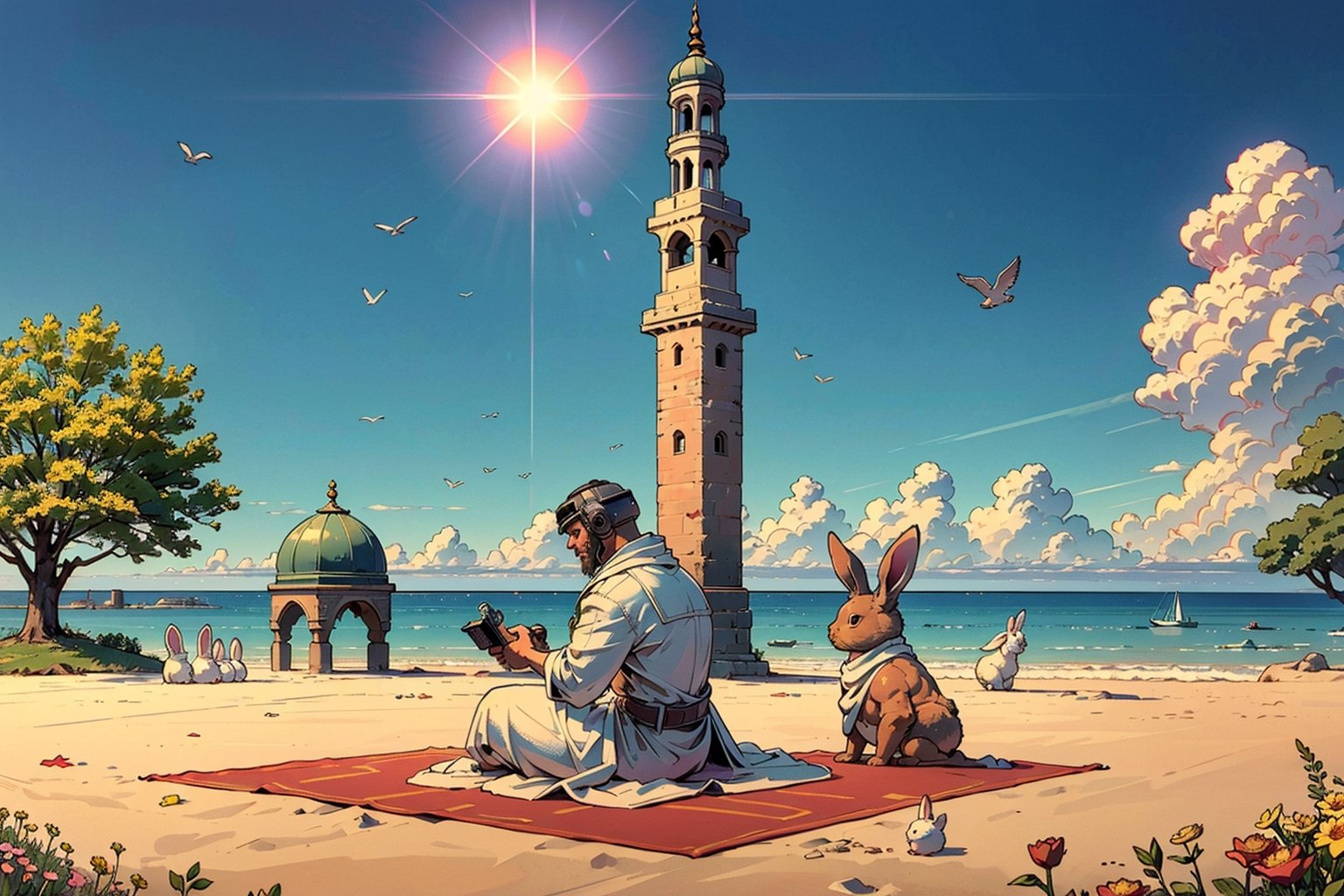 Doomguy(bodybuilder, tall, naked but wearing white robe Ihram and helmet) perform salaah in congregation on prayer mat, full body, (shot from distance), background(mosques, day, outdoor, sky, sun, tree, ocean, flowers, birds, bunnies, rabbits) (masterpiece, highres, high quality:1.2), ambient occlusion, outstanding colors, low saturation,High detailed, Detailedface, Dreamscape