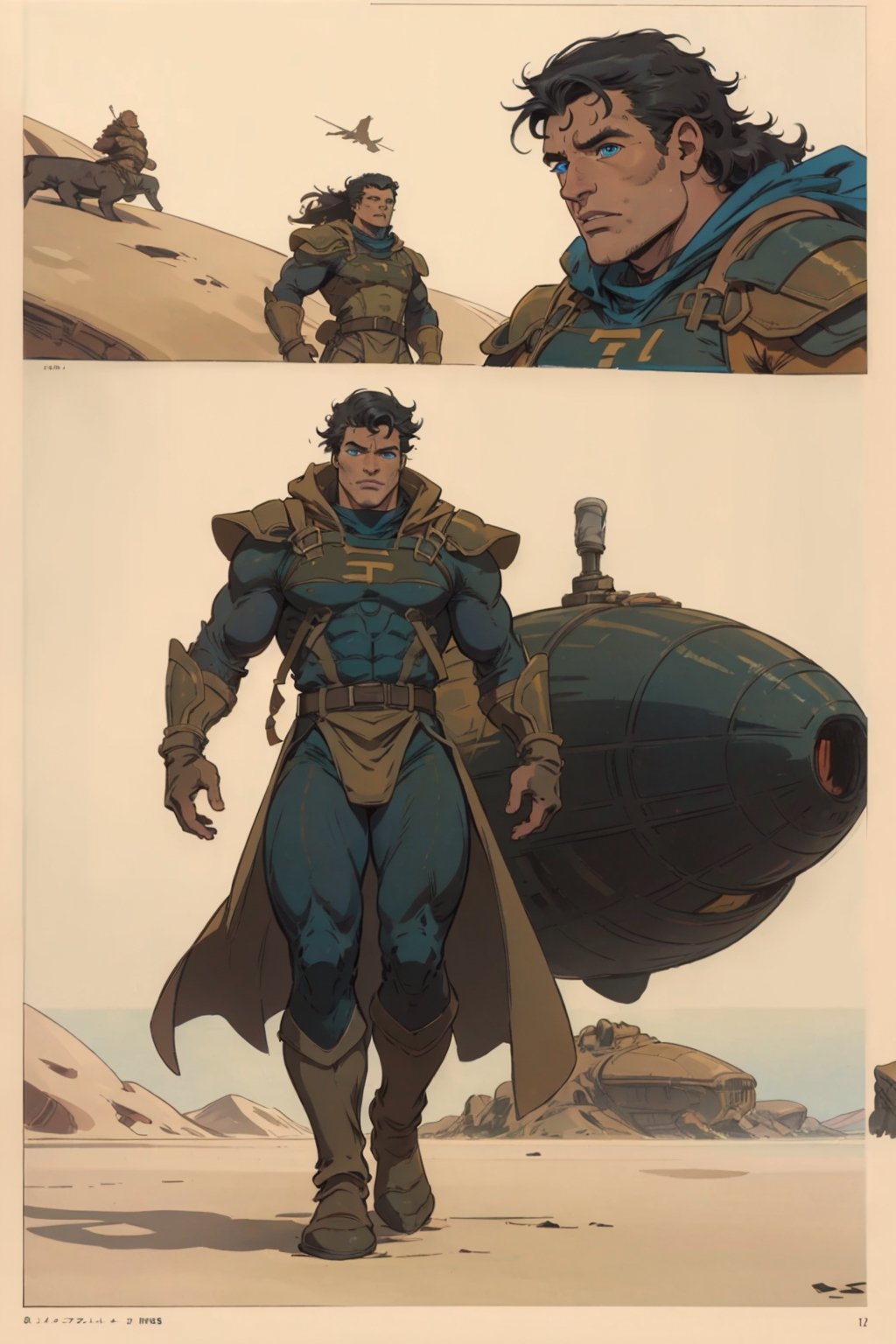 man\(young, handsome, quiet, blue eyes, long black hair, tan skin, handsome, wearing armor, muscular, tall\), (full body), walking, background(dune style world, day),(masterpiece, highres, high quality:1.2), ambient occlusion, low saturation, High detailed, Detailedface, comic page different views