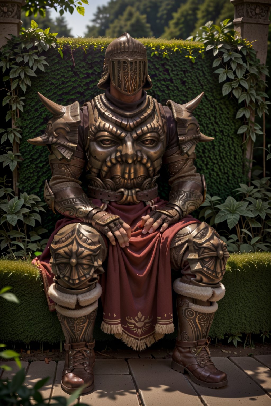 score_9, score_8, score_7, score_8_up, 1boy\(human, tall, giant, human, wearing full madness armor and helmet\), sitting and relaxing at the garden, solo