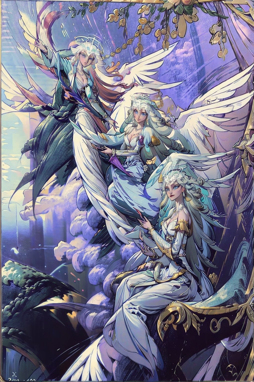 Sera(slim body, long white hair, blue eyes, eyelashes, jewelry, earrings, necklace, wings, angel, armlet, bracelet, ring, wearing dress, angel, large cleavage, big breasts, headdress, bare shoulders, hoop earrings, bridal gauntlets, feminine, beautiful, gentle smile), looking at viewer seductively, sitting on a throne, background(flower, heaven, angels, outdoors, day, sky, tree, plant, cloud, ocean, water, scenery), (masterpiece, highres, high quality:1.2), low saturation,High detailed,perfect,oil painting,classic painting
