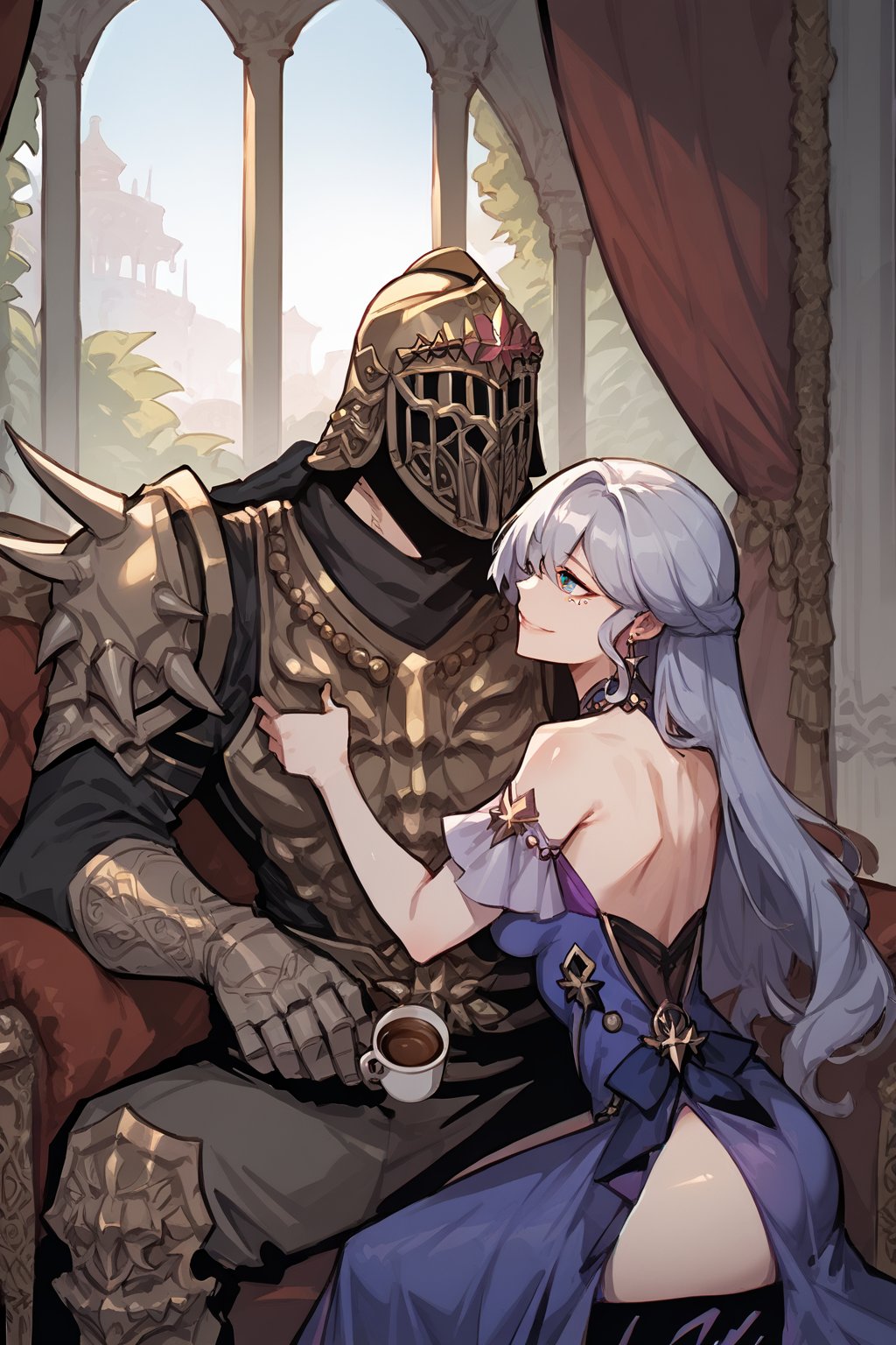 score_9, score_8, score_7, score_8_up, 1boy\(human, giant male, tall male, wearing full madness Armor and helmet, armored\) laying and holding 1girl\(robin \(honkai: star rail\), medium breasts, smile on her face, pouty lips, seductive, wearing traditional harem dress and jewellery\), hugging and resting, sitting on his lap, both staring at each other, Arabian livingroom interior, coffee and grapes, score_7_up, side view