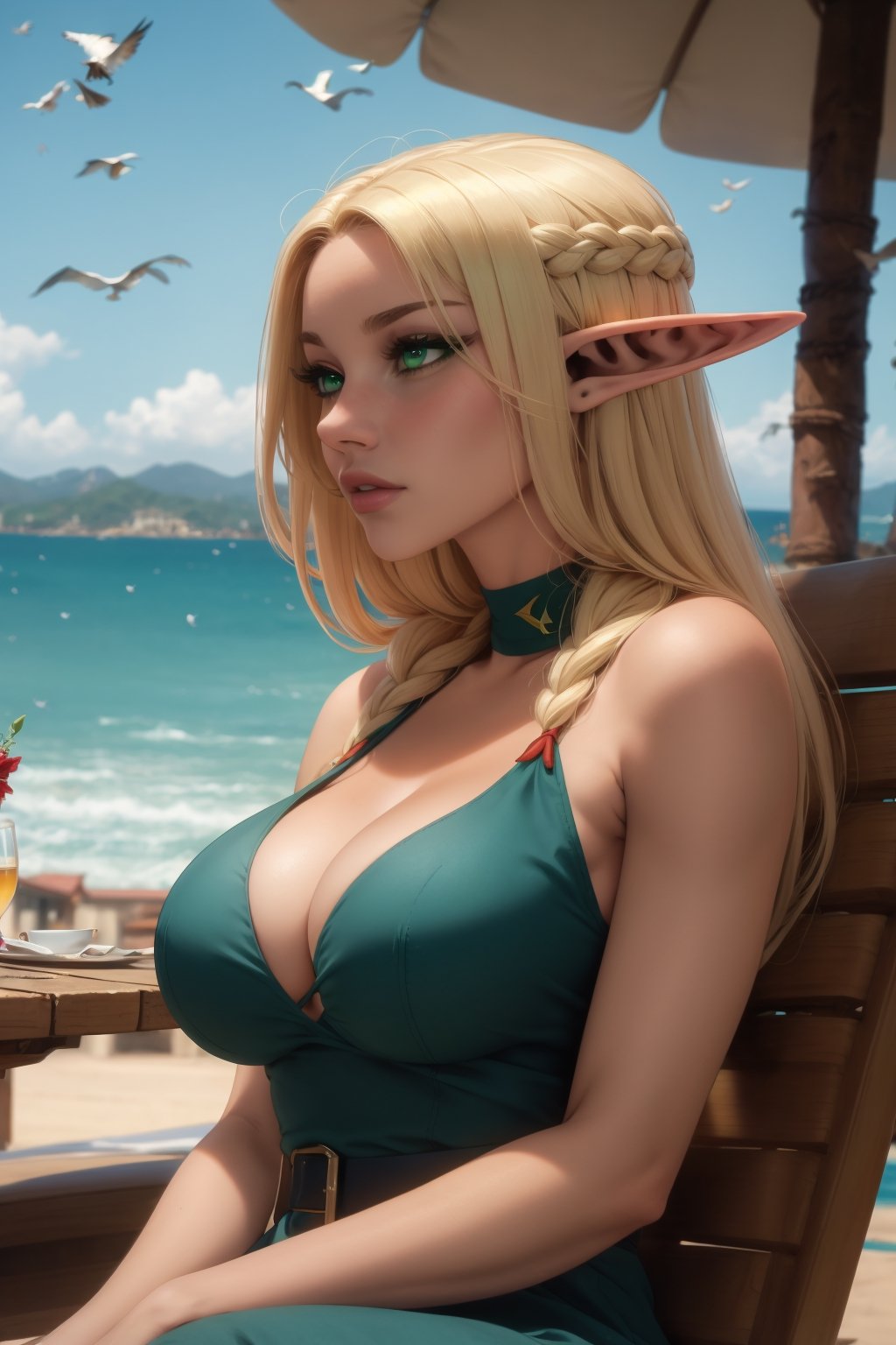 Marcile(slim body, long blonde hair, elf, green eyes, eyelashes, large cleavage, wearing nice dress, sandal, feminine, beautiful), sitting, eyes at you, background(outdoor cafe, day, sun, ocean, birds), (Shot from distance),(masterpiece, highres, high quality:1.2), ambient occlusion, low saturation, High detailed, Detailedface, Dreamscape,perfect