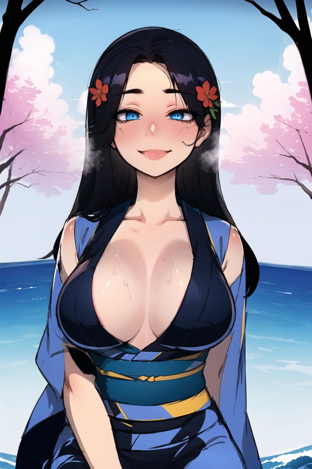 1girl(slim body, adult, 2o years old, long black hair, blue eyes, wearing yukata big breasts), staring at you seductively with a smile on her face, upper body, background(day, outdoor, sky, sun, ocean, flowers, trees) (masterpiece, highres, high quality:1.2), ambient occlusion, outstanding colors, low saturation,High detailed, Detailedface, Dreamscape,ratatatat74 style