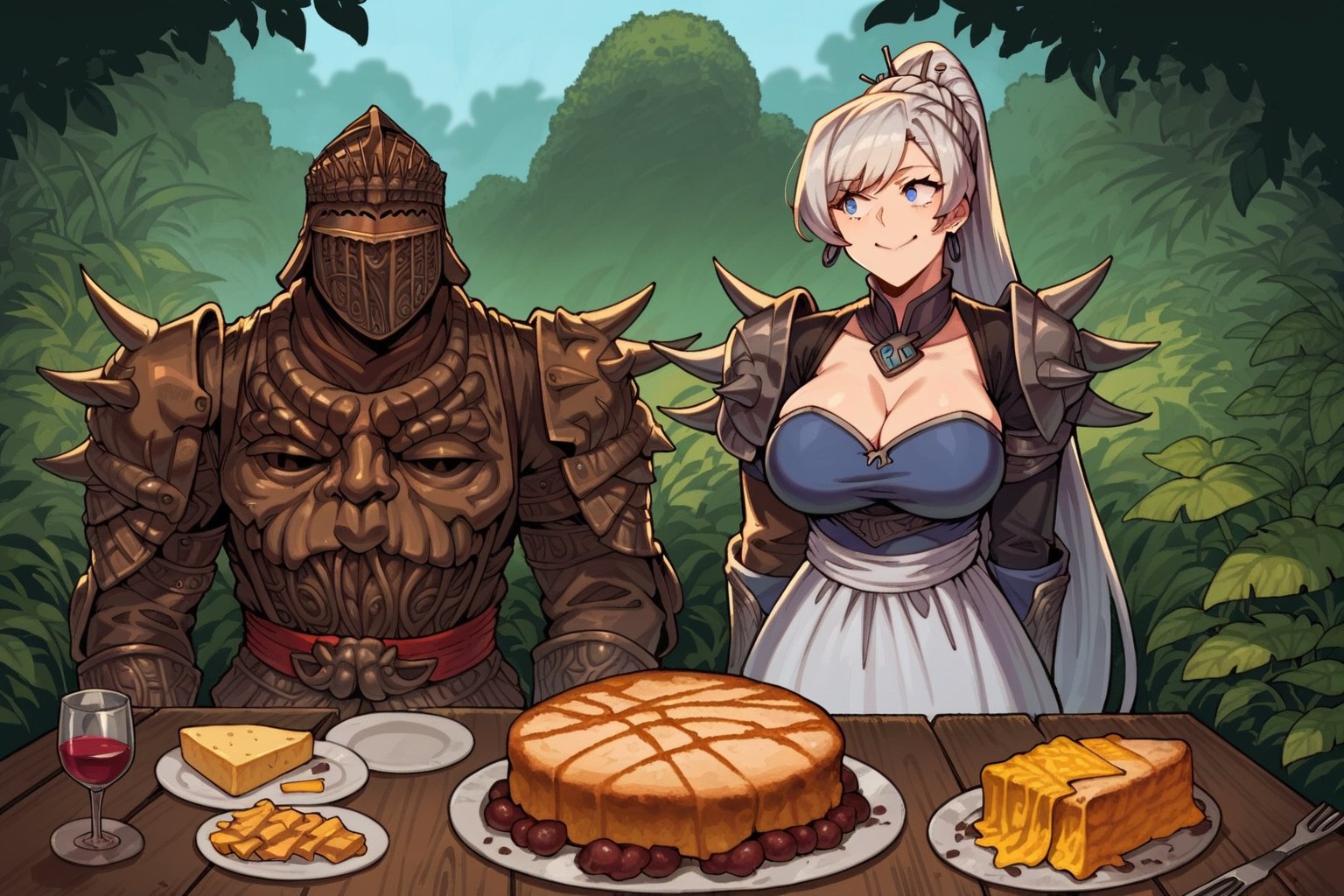 score_9, score_8, score_7, score_8_up, 1boy\(human, dark skin, giant, tall, wearing full madness Armor and helmet\) with 2girls\(big breasts, Yang Xiao Long and Weiss Schnee wearing dress, pregnant, happy, seductive\), both sitting and eating. (cooked meat, cheese and wine on the table), jungle, both staring at each other, score_7_up,booth