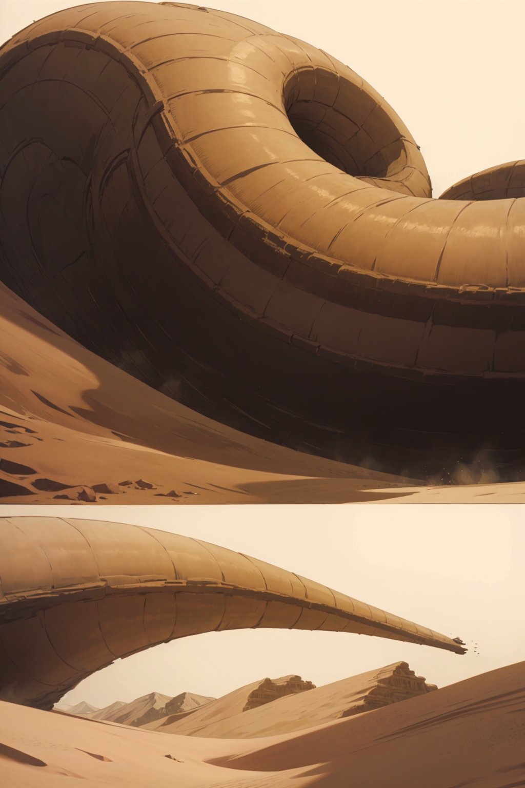 giant sand worm monster, background(dune style world, day),(masterpiece, highres, high quality:1.2), ambient occlusion, low saturation, High detailed, comic page different views