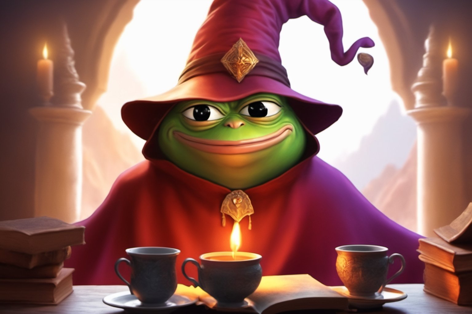 Pepe the frog(wearing wizard outfit, wizard hat, wise old, long white beard, feels good, smiling, reading a book), full body, sitting on a expensive chair, tea pot and tea cup on the table, background(magical living room, books, scrolls, magic ball), fantasy, Oil painting, heavy brush strokes, (Shot from distance)(masterpiece, highres, high quality:1.2), ambient occlusion, low saturation, High detailed, Detailedface, Dreamscape, (Dungeon and Dragons fantasy setting)