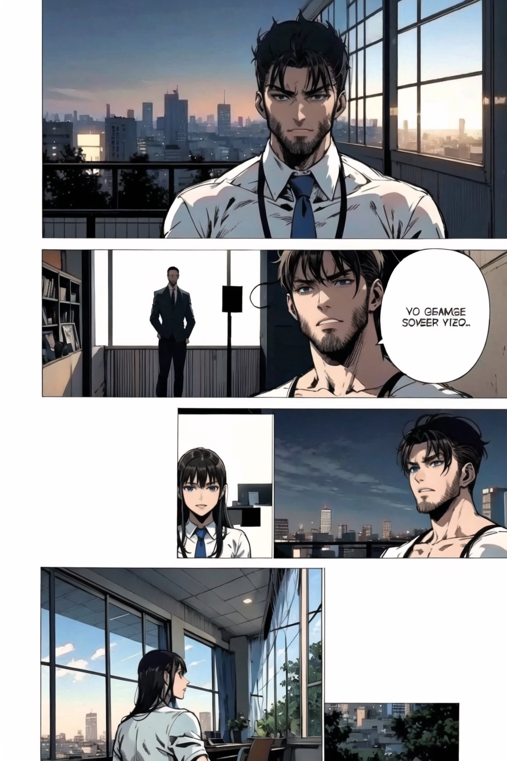 gigachad\(male, tall, giant, handsome, black hair, blue eyes, muscular, buisiness suit with tie\), standing, tired, in each panel, background(night, indoor, private office, staring at the city on a window) (masterpiece, highres, high quality:1.2), ambient occlusion, outstanding colors, low saturation,High detailed, Detailedface, Dreamscape,manga page