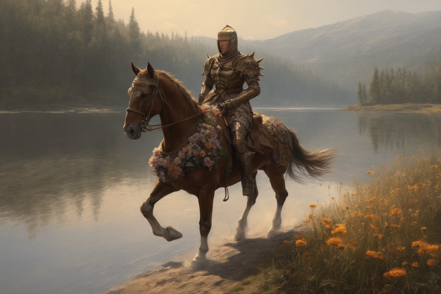 1boy\(human, tall, wearing full madness armor and helmet\), riding a horse, at the lakeside, day, lake, forest, flowers