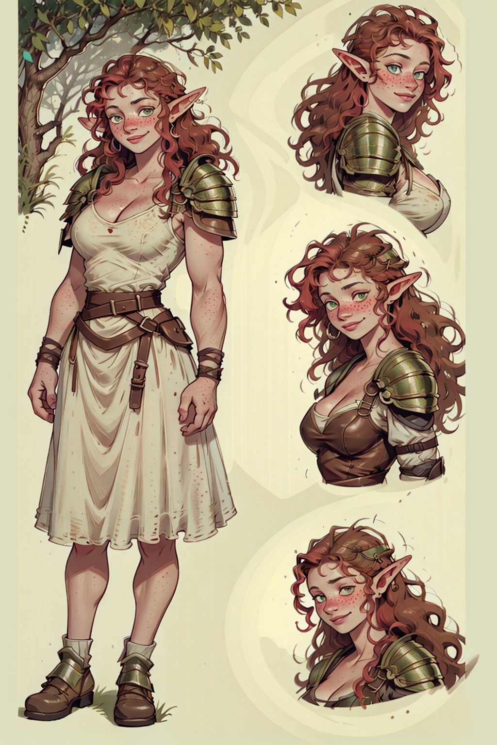 woman(nice cleavage, tall, mature, freckles, beautiful, green eyes, long red afro hair, leather armor, elf), multiple women,character sheet, character design, reference sheet, multiple views, turnaround, full body, from front, from side, from behind, diffrerent face expression(smile, think, smug), (masterpiece, highres, high quality:1.2), outstanding colors, low saturation, High detailed, Detailedface, Dreamscape