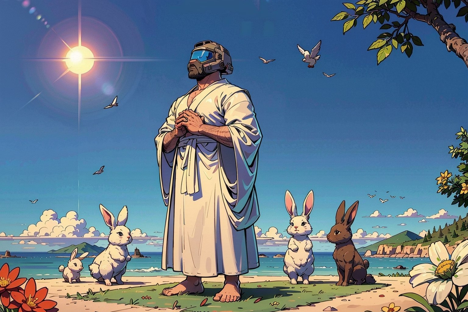 Doomguy(bodybuilder, tall, naked but wearing white robe Ihram and helmet) perform salaah in congregation on prayer mat, full body, (shot from distance), background(mosques, day, outdoor, sky, sun, tree, ocean, flowers, birds, bunnies, rabbits) (masterpiece, highres, high quality:1.2), ambient occlusion, outstanding colors, low saturation,High detailed, Detailedface, Dreamscape