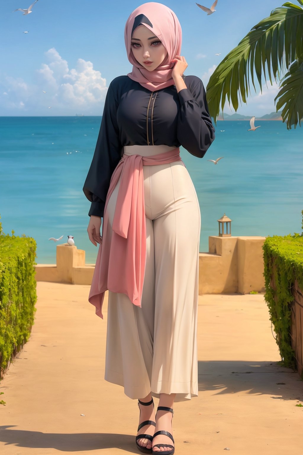 Woman(slim body, young, pink eyes, arab, morrocan, eyelashes, hijab, Wearing a white headscarf and veill,Gorgeous abaya, arabian pants Arabian, feminine, beautiful), (full body), Staring at you while reporting news at news stage, background(outdoor, day, sun, ocean, mosques, birds), (Shot from distance),(masterpiece, highres, high quality:1.2), ambient occlusion, low saturation, High detailed, Detailedface, Dreamscape,perfect
