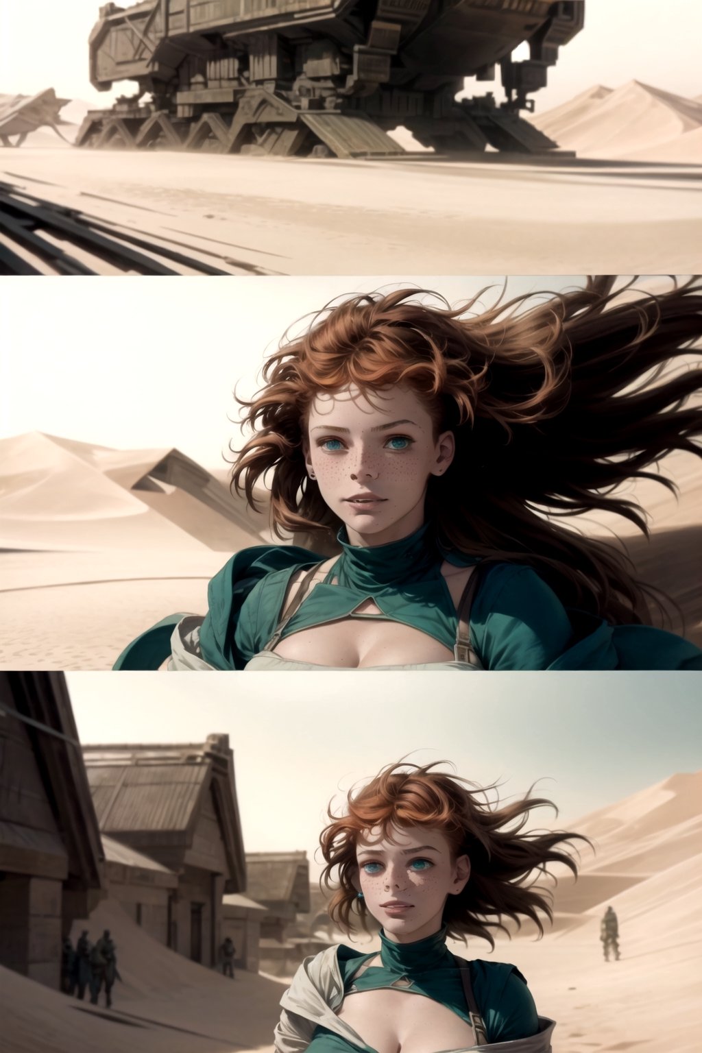 woman\(long afro red hair, green hair, beautiful, athletic body, large cleavage, wearing white dune dress, freckles, smile\) walking arround in castle garden, background(dune style world, day),(masterpiece, highres, high quality:1.2), ambient occlusion, low saturation, High detailed, comic page different views