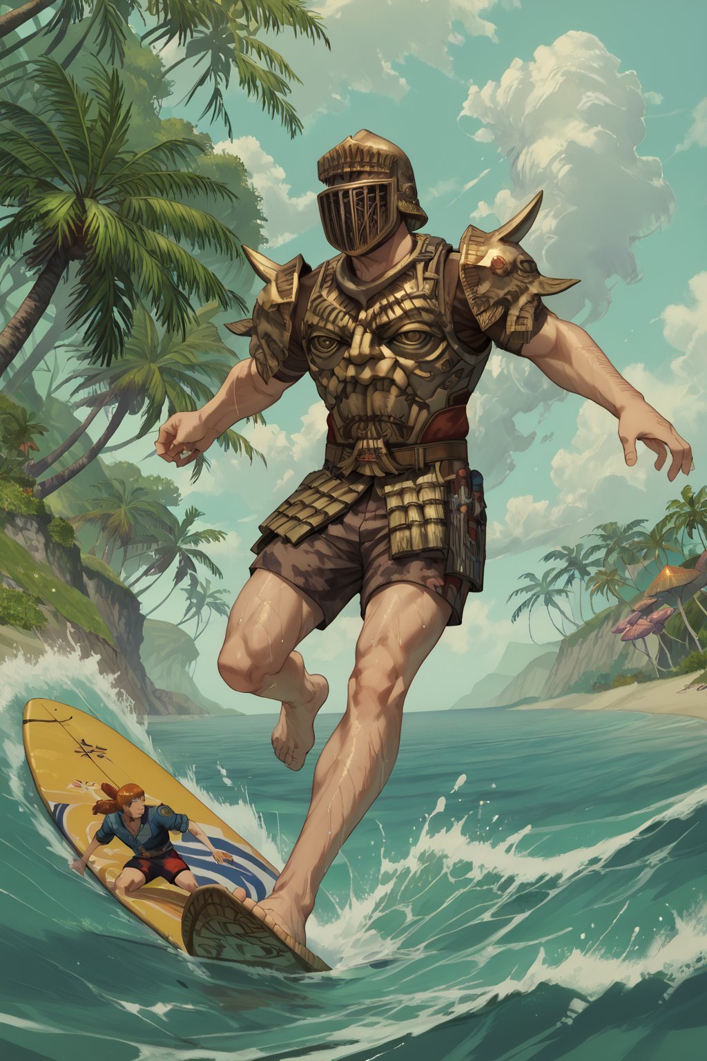 score_9, score_8, score_7, score_7_up, score_8_up, 1boy\(human, giant, tall, wearing madness Armor and helmet\), incrssurfing, surfing, swimsuit, barefoot, surfboard, beach, mushroom tree, outdoor, night, romance, fantasy, 2d, anime, hetero