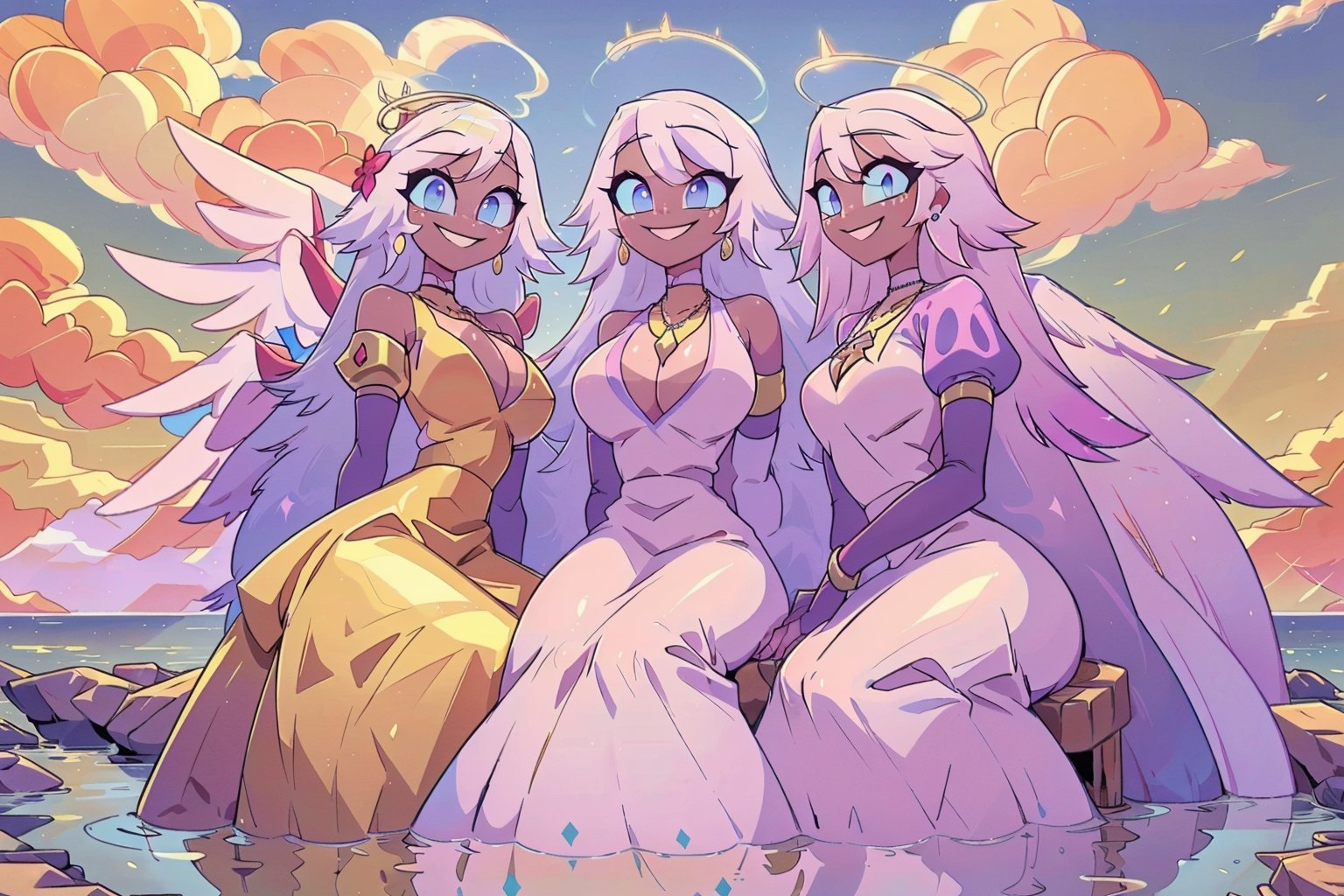 group of girls(emily, slim body, long white hair, blue eyes, eyelashes, jewelry, earrings, necklace, armlet, bracelet, ring, wearing dress, angel wings, large cleavage, headdress, bare shoulders, hoop earrings, bridal gauntlets, feminine, beautiful, cute, gentle smile), looking at viewer seductively, sexy pose, sitting, background(mosques,flower, outdoors, day, sky, tree, plant, birds, cloud, ocean, water, scenery), (masterpiece, highres, high quality:1.2), low saturation,High detailed,perfect,midjourney,pastelbg,pastel colors,multiple girls