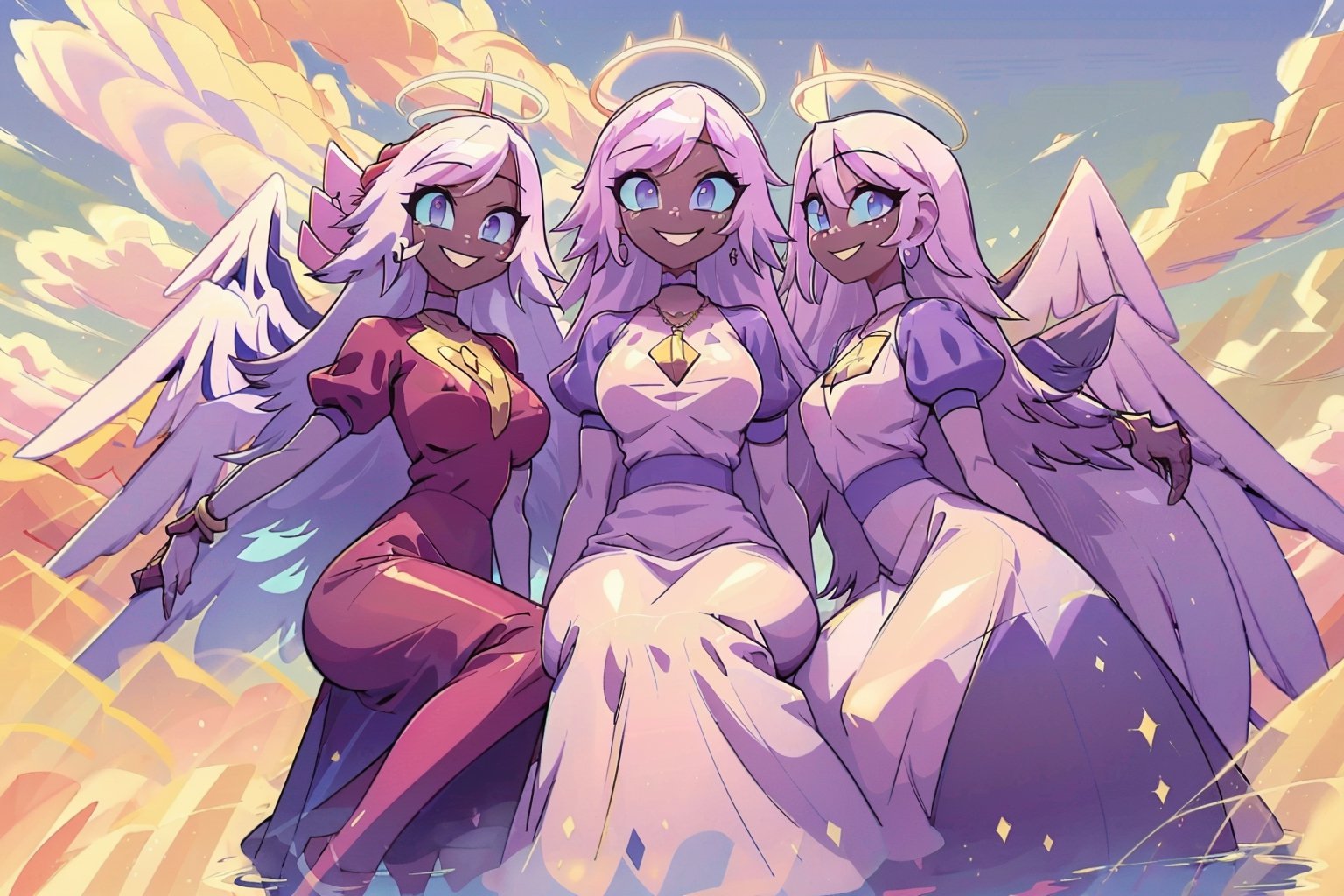 group of girls(emily, slim body, long white hair, blue eyes, eyelashes, jewelry, earrings, necklace, armlet, bracelet, ring, wearing dress, angel wings, large cleavage, headdress, bare shoulders, hoop earrings, bridal gauntlets, feminine, beautiful, cute, gentle smile), looking at viewer seductively, sexy pose, sitting, background(mosques,flower, outdoors, day, sky, tree, plant, birds, cloud, ocean, water, scenery), (masterpiece, highres, high quality:1.2), low saturation,High detailed,perfect,midjourney,pastelbg,pastel colors,multiple girls