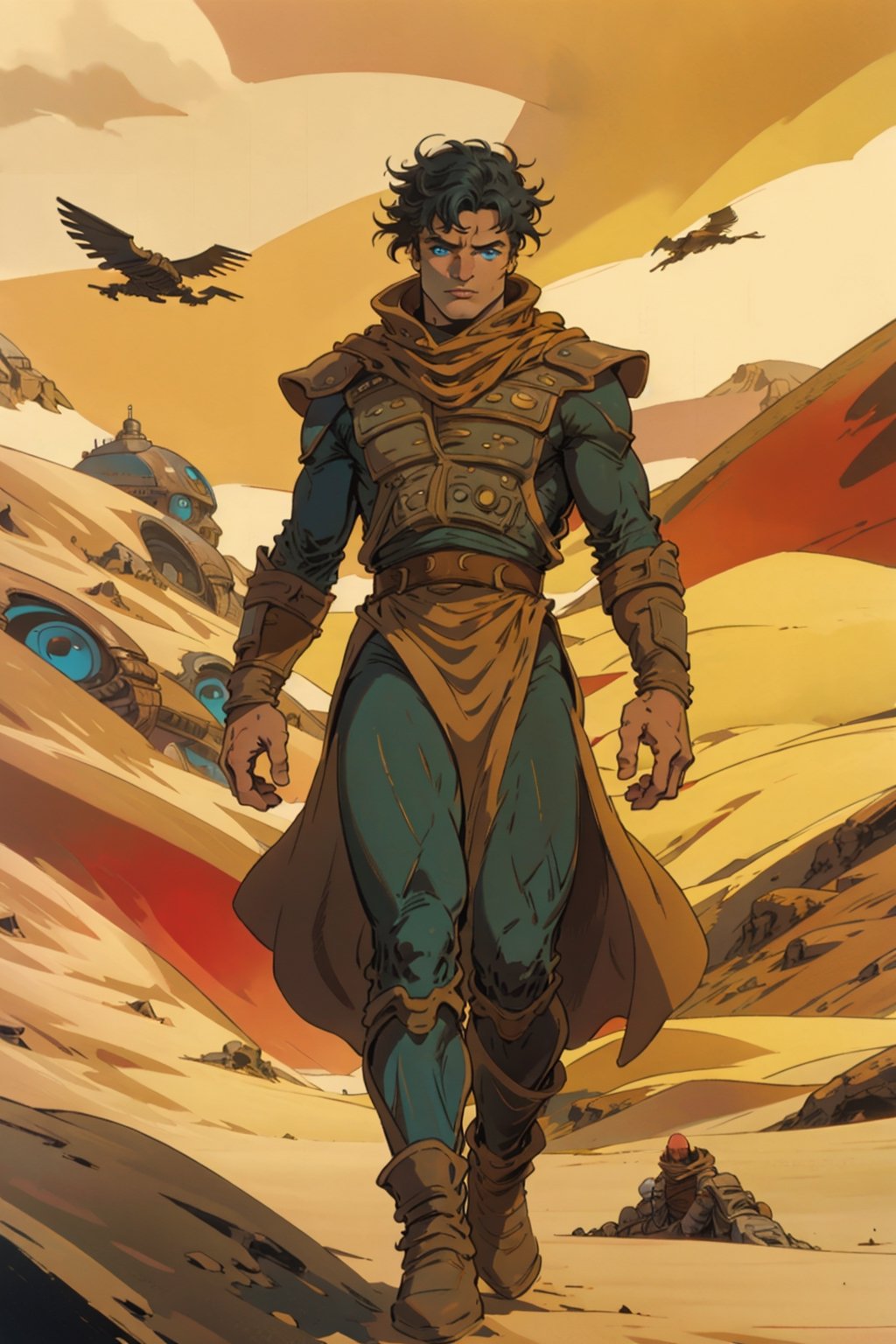 man\(young, handsome, quiet, blue eyes, long black hair, tan skin, handsome, wearing armor, muscular, tall\), (full body), walking, background(dune style world, dune city, day),(masterpiece, highres, high quality:1.2), ambient occlusion, low saturation, High detailed, Detailedface, comic page different views, berserk style, 80's dark fantasy 