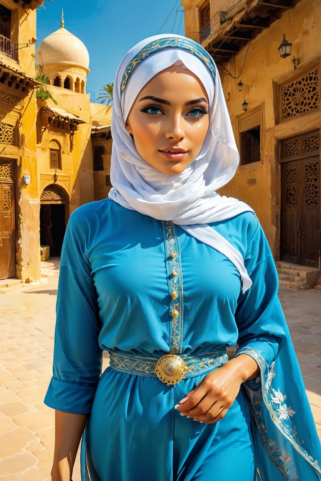 Woman(slim body, young, blue eyes, arab, morrocan, eyelashes, hijab, Wearing a white headscarf and veill,Gorgeous abaya,arabian pants Arabian, feminine, beautiful), (full body), Staring at you while reporting news at news stage, background(outdoor, day, sun, ocean, mosques, birds), Oil painting, heavy brush strokes, (Shot from distance),(masterpiece, highres, high quality:1.2), ambient occlusion, low saturation, High detailed, Detailedface, Dreamscape,perfect,Replay1988